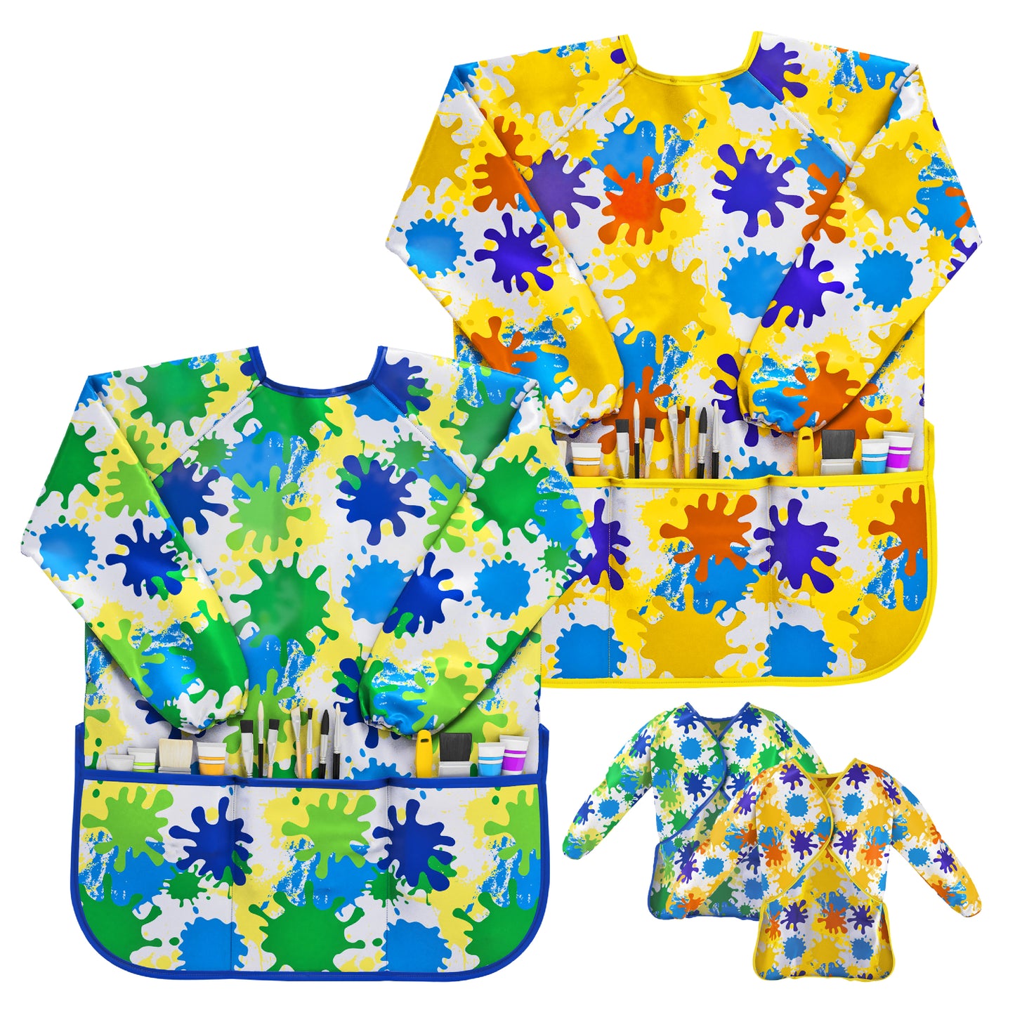 J MARK Waterproof Kids Art Smock Painting Apron 2 Pack Long Sleeve and 2 Pockets for Baking, Eating, Arts & Crafts