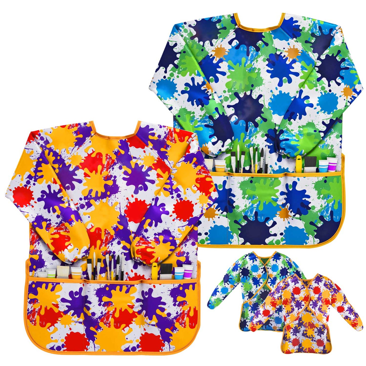 J MARK Waterproof Kids Art Smock Painting Apron 2 Pack Long Sleeve and 2 Pockets for Baking, Eating, Arts & Crafts