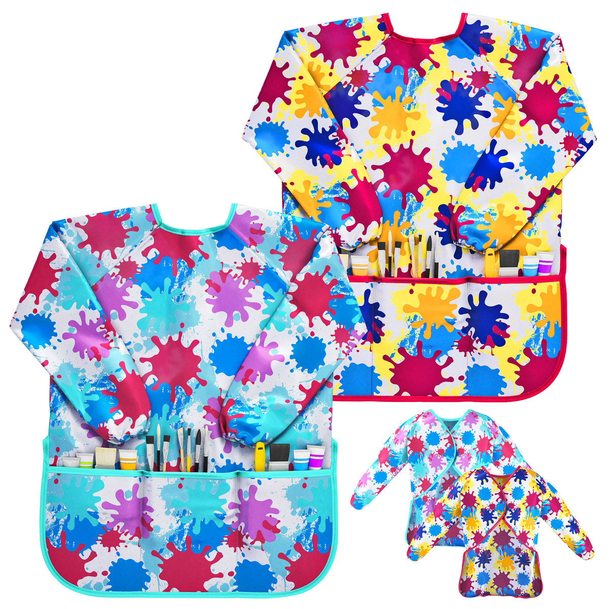 J MARK Waterproof Kids Art Smock Painting Apron 2 Pack Long Sleeve and 2 Pockets for Baking, Eating, Arts & Crafts