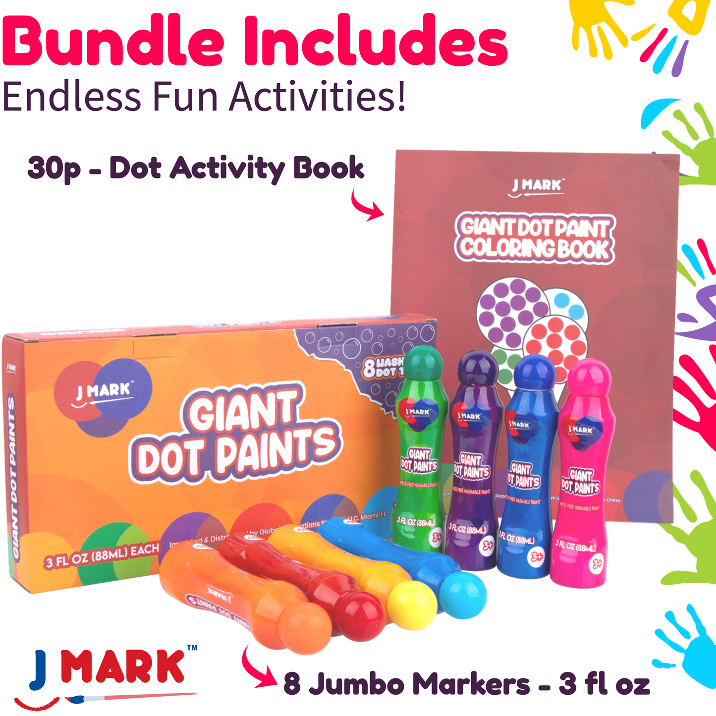 J MARK Jumbo Washable Dot Markers for Toddlers –Dabbers (3 Oz each) with Educational Activity Book – Dot Markers Washable -Easy Grip Bingo Daubers for kids, Arts Crafts Dot Markers for Kids