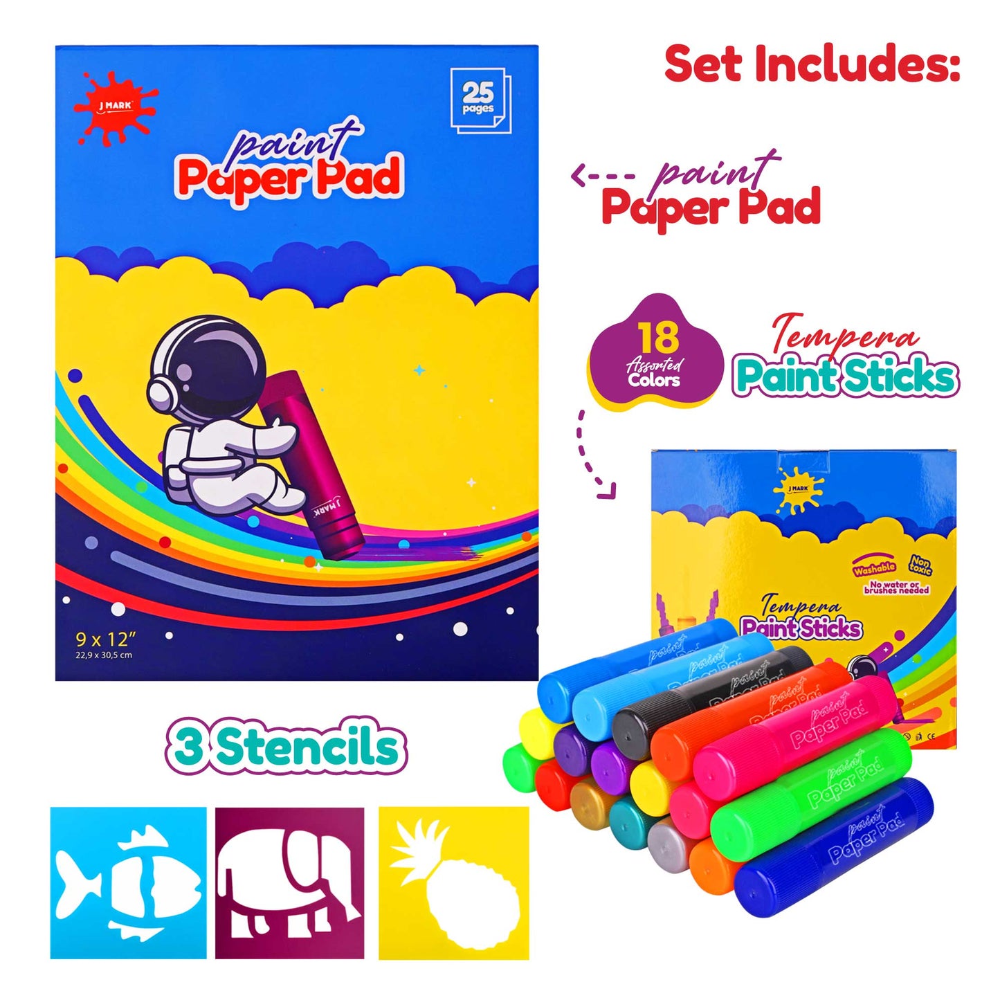 J MARK Solid Tempera Paint Sticks - Including Painting Book and Stencils, Set of Paint Sticks for Kids Washable- Tempera Sticks