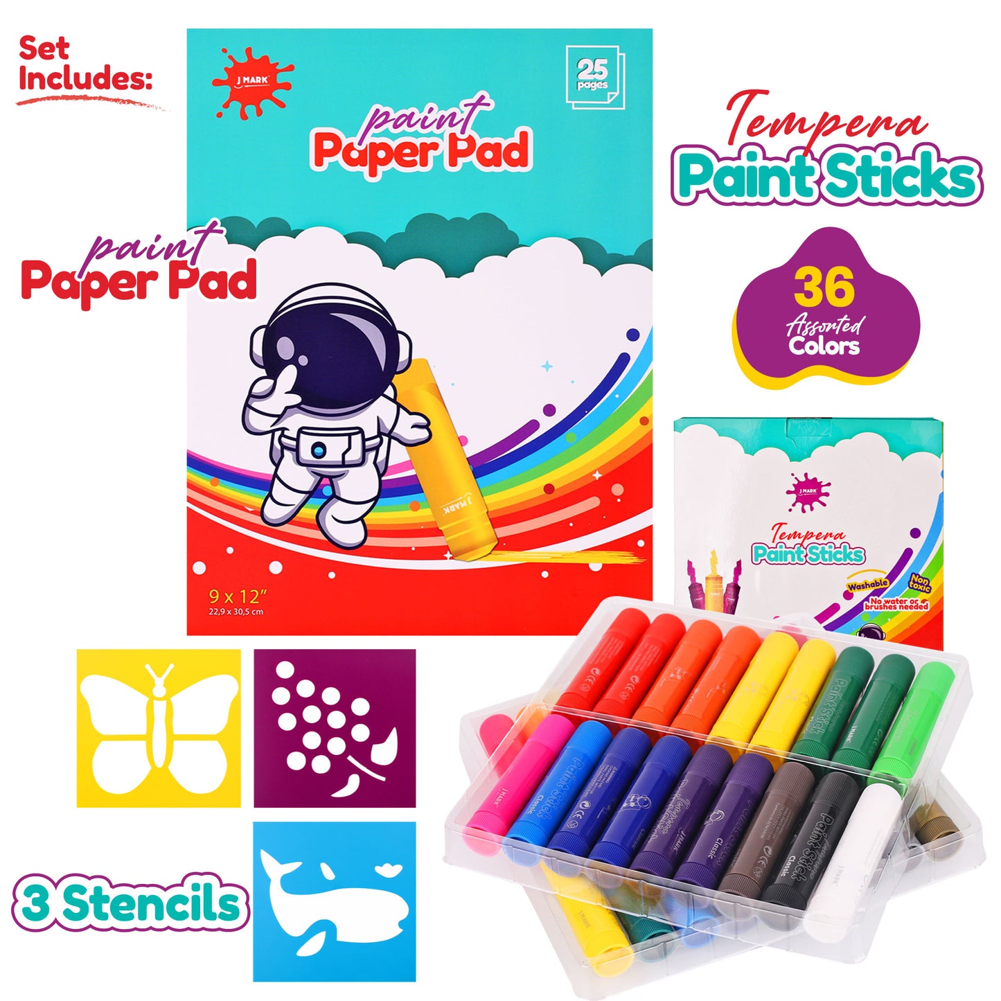 J MARK Solid Tempera Paint Sticks- Including Painting Book and Stencils, Set of Washable Paint Sticks Crayons for Kids - Solid Paint Markers - (36 Colors)