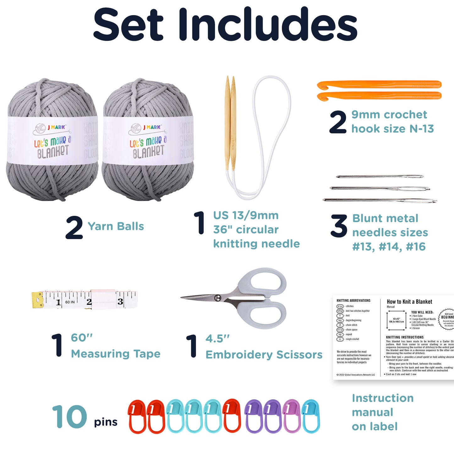 J MARK Chunky Blanket Yarn for Knitting 437 yd. 28 oz. (800 g) & Crocheting, Thick Yarn Balls, Circular Knitting Needle, Crochet Hooks, Measuring Tape, Scissors, Pins, Blunt Metal Needles, Manual