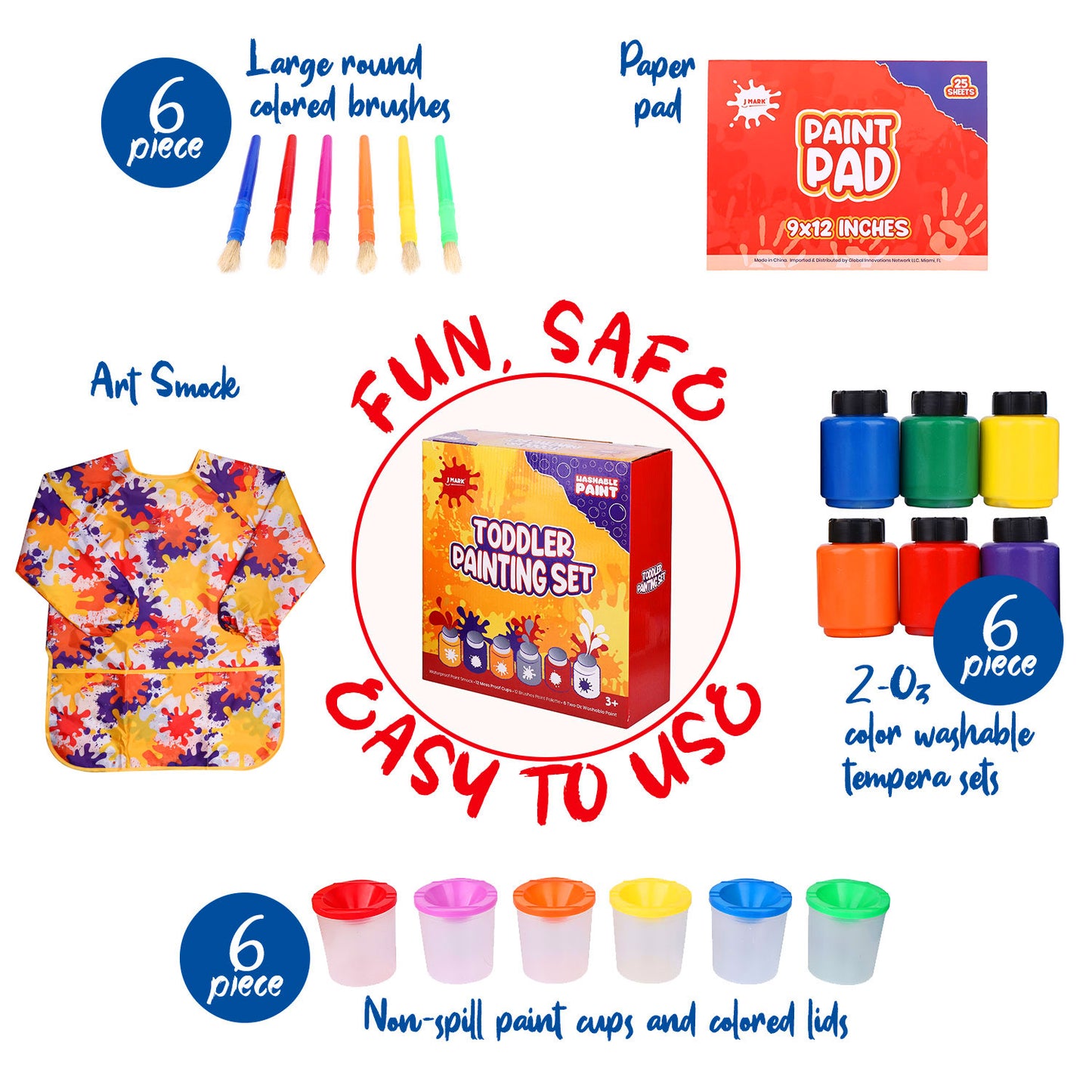 J MARK All Inclusive Toddler Painting Set - Spill Proof Paint Cups, Paint Pad, Brushes, Safe Tempera Toddler Washable Paint, Palette - Toddler Paint Set