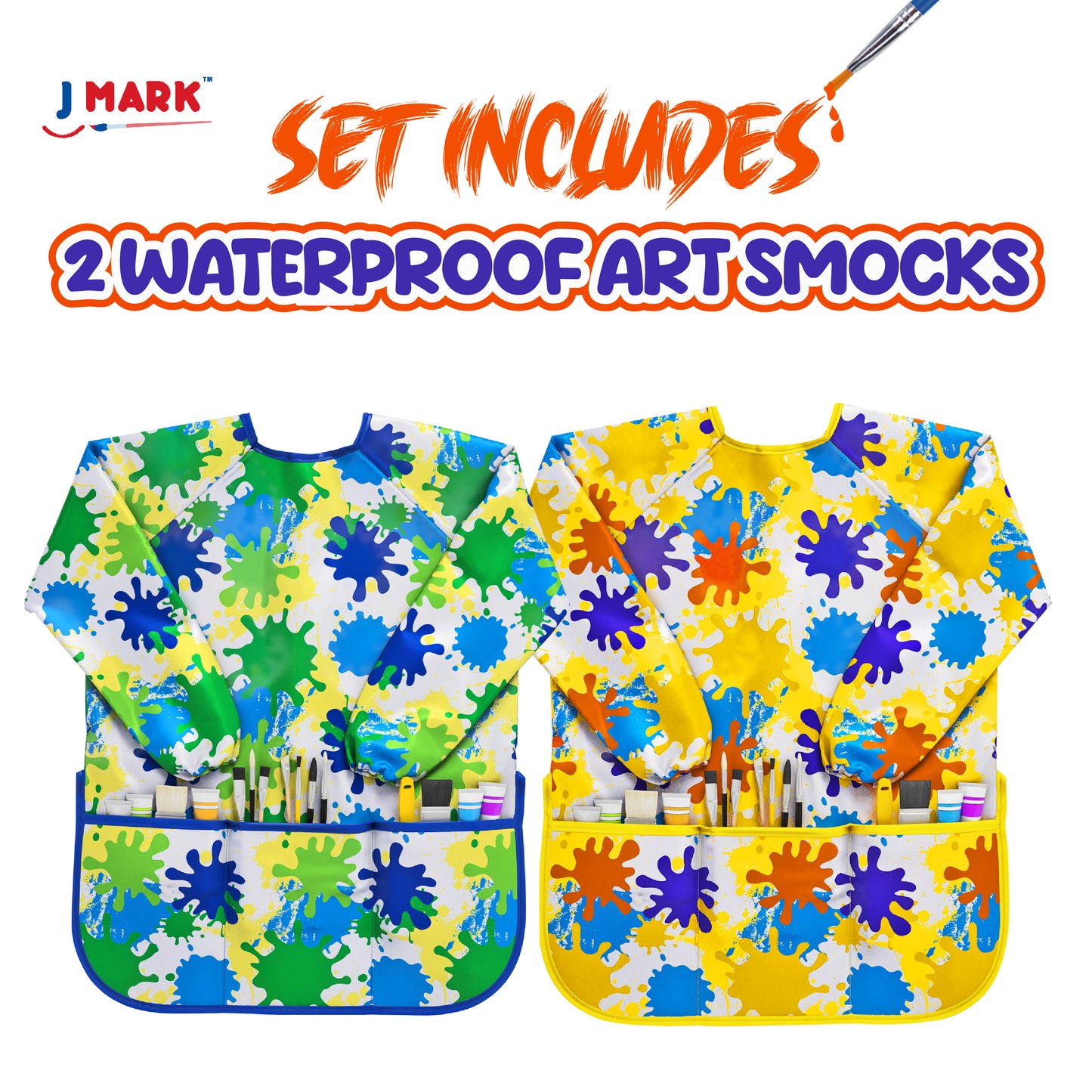 J MARK Waterproof Kids Art Smock Painting Apron 2 Pack Long Sleeve and 2 Pockets for Baking, Eating, Arts & Crafts