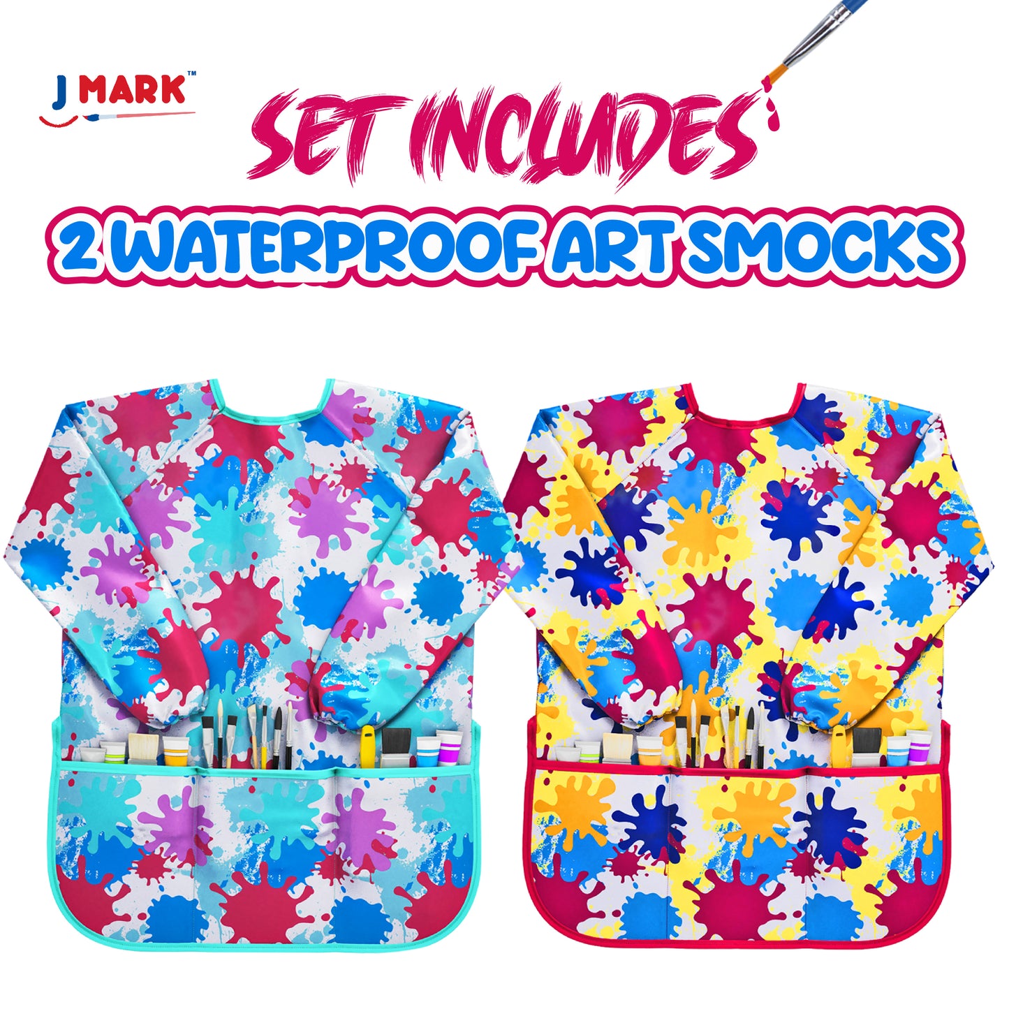 J MARK Waterproof Kids Art Smock Painting Apron 2 Pack Long Sleeve and 2 Pockets for Baking, Eating, Arts & Crafts