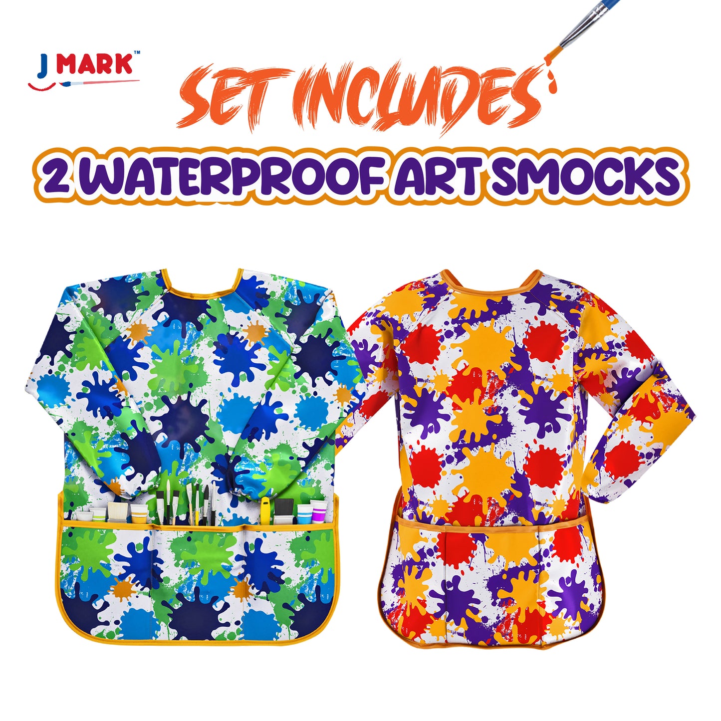 J MARK Waterproof Kids Art Smock Painting Apron 2 Pack Long Sleeve and 2 Pockets for Baking, Eating, Arts & Crafts
