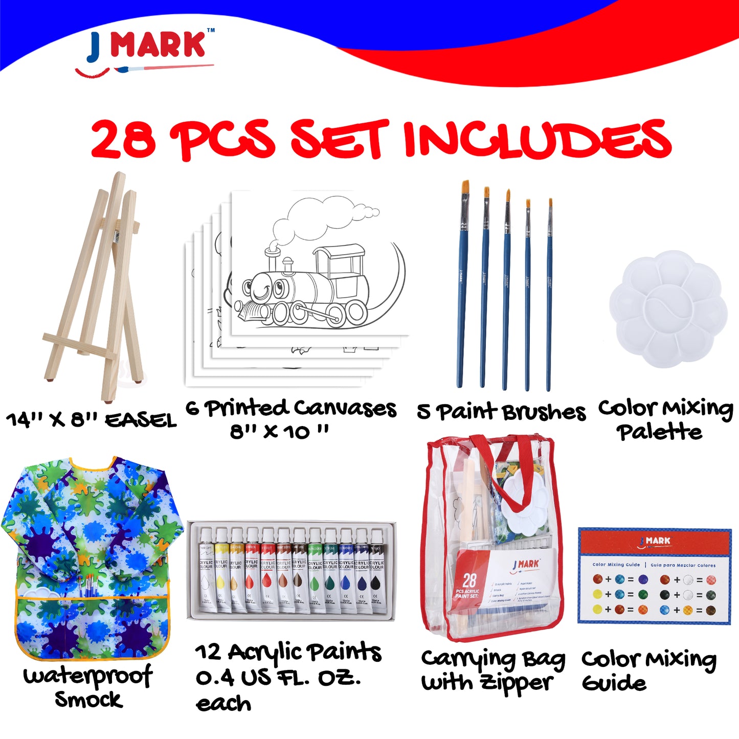 J MARK Kids Paint Set – Acrylic Kids Painting Kit – Storage Bag, Paints, Easel, Canvas, Brushes