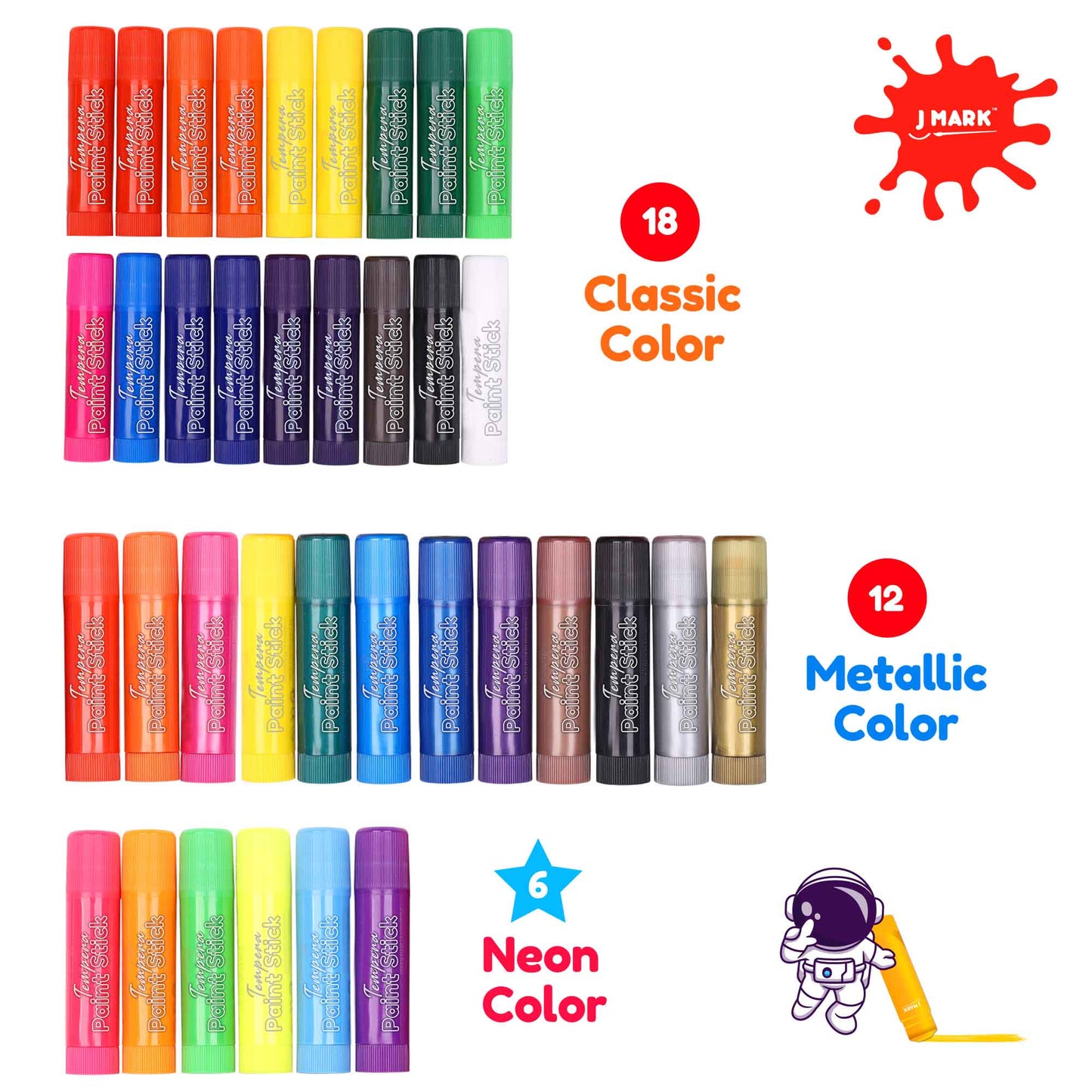 J MARK Solid Tempera Paint Sticks- Including Painting Book and Stencils, Set of Washable Paint Sticks Crayons for Kids - Solid Paint Markers - (36 Colors)