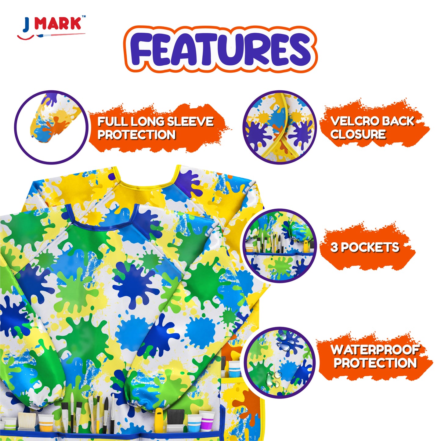 J MARK Waterproof Kids Art Smock Painting Apron 2 Pack Long Sleeve and 2 Pockets for Baking, Eating, Arts & Crafts