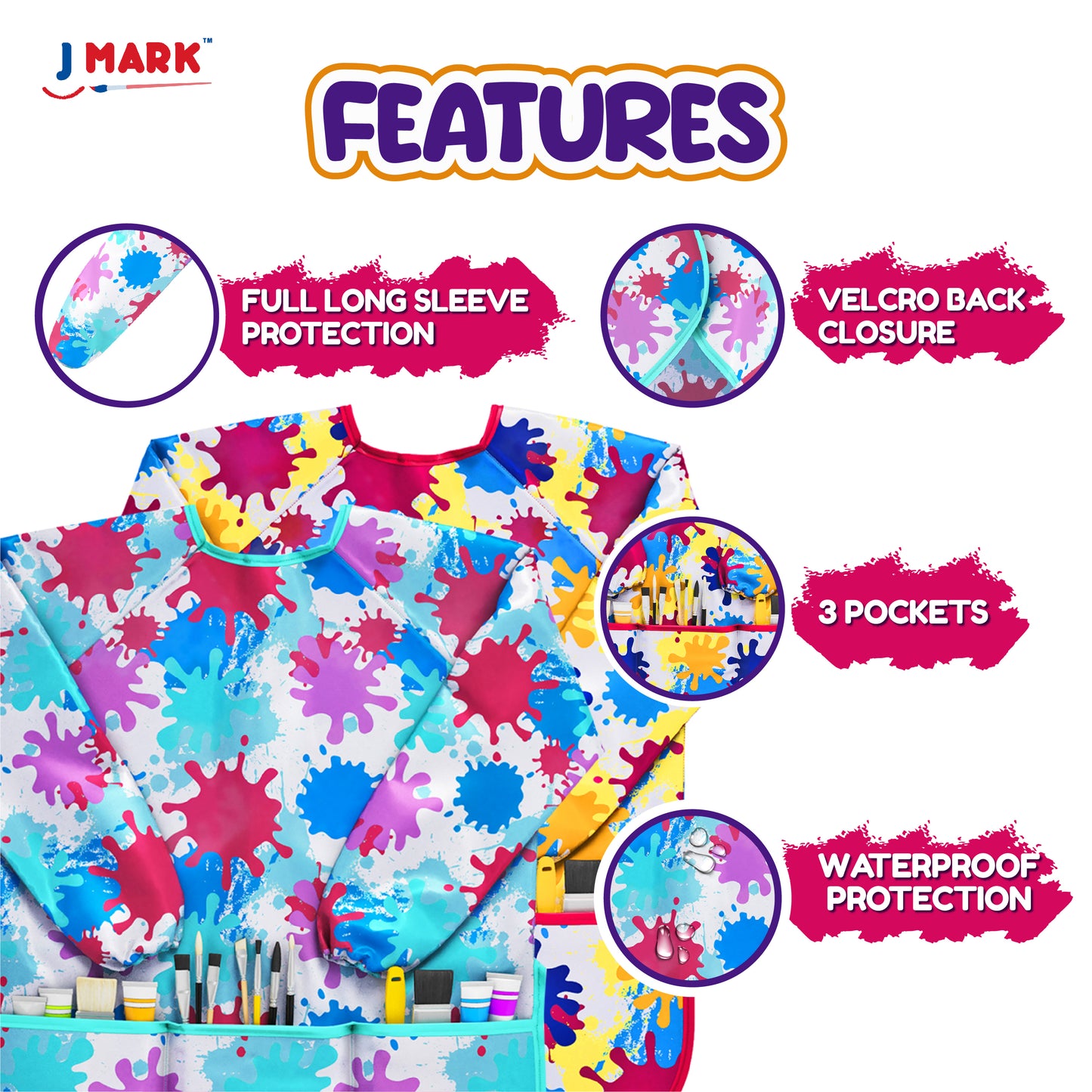 J MARK Waterproof Kids Art Smock Painting Apron 2 Pack Long Sleeve and 2 Pockets for Baking, Eating, Arts & Crafts