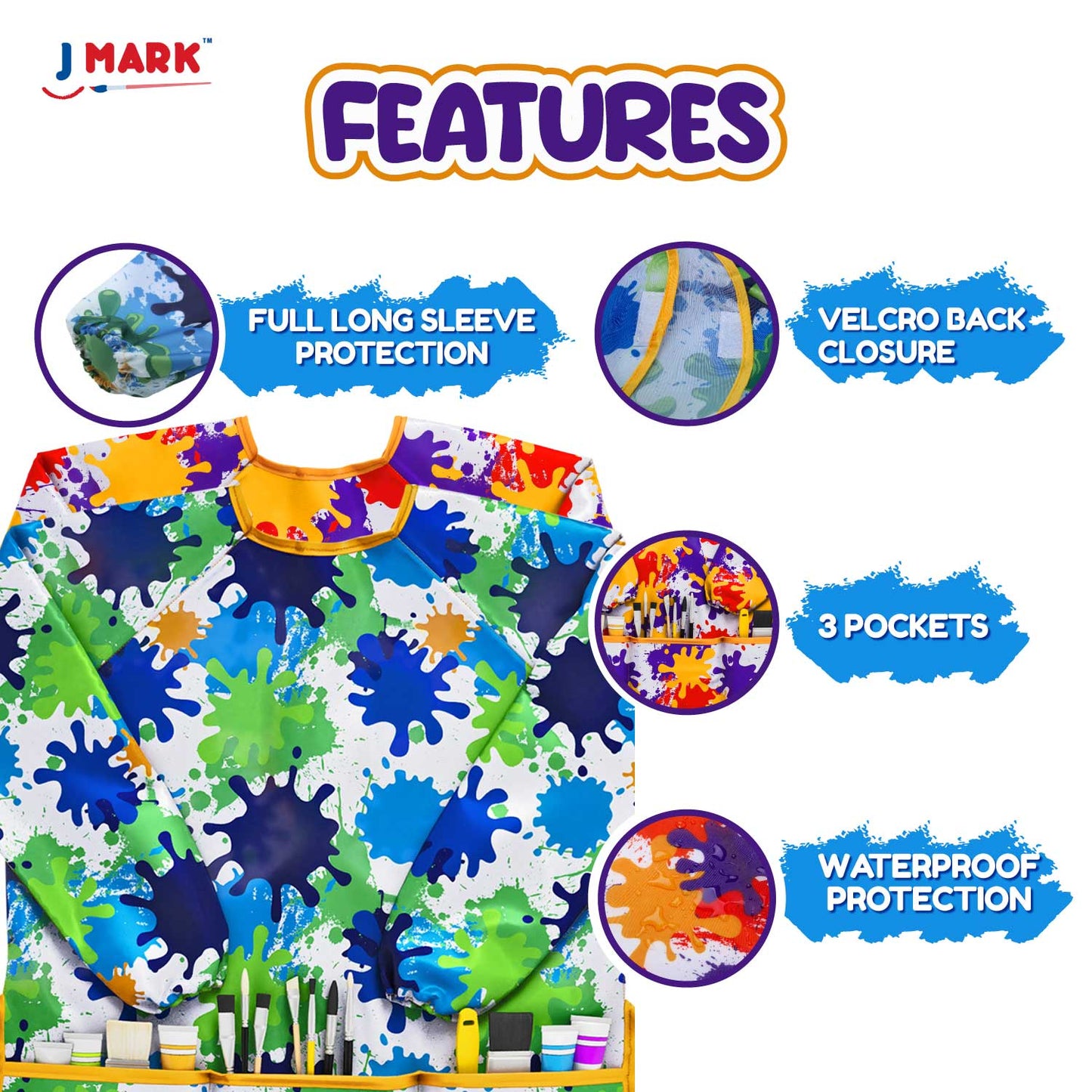 J MARK Waterproof Kids Art Smock Painting Apron 2 Pack Long Sleeve and 2 Pockets for Baking, Eating, Arts & Crafts