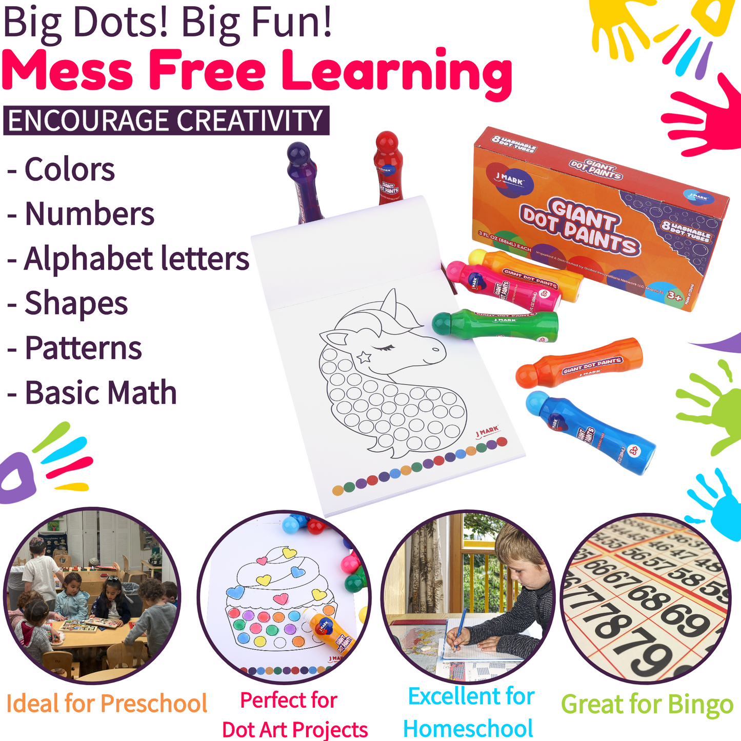 J MARK Jumbo Washable Dot Markers for Toddlers –Dabbers (3 Oz each) with Educational Activity Book – Dot Markers Washable -Easy Grip Bingo Daubers for kids, Arts Crafts Dot Markers for Kids