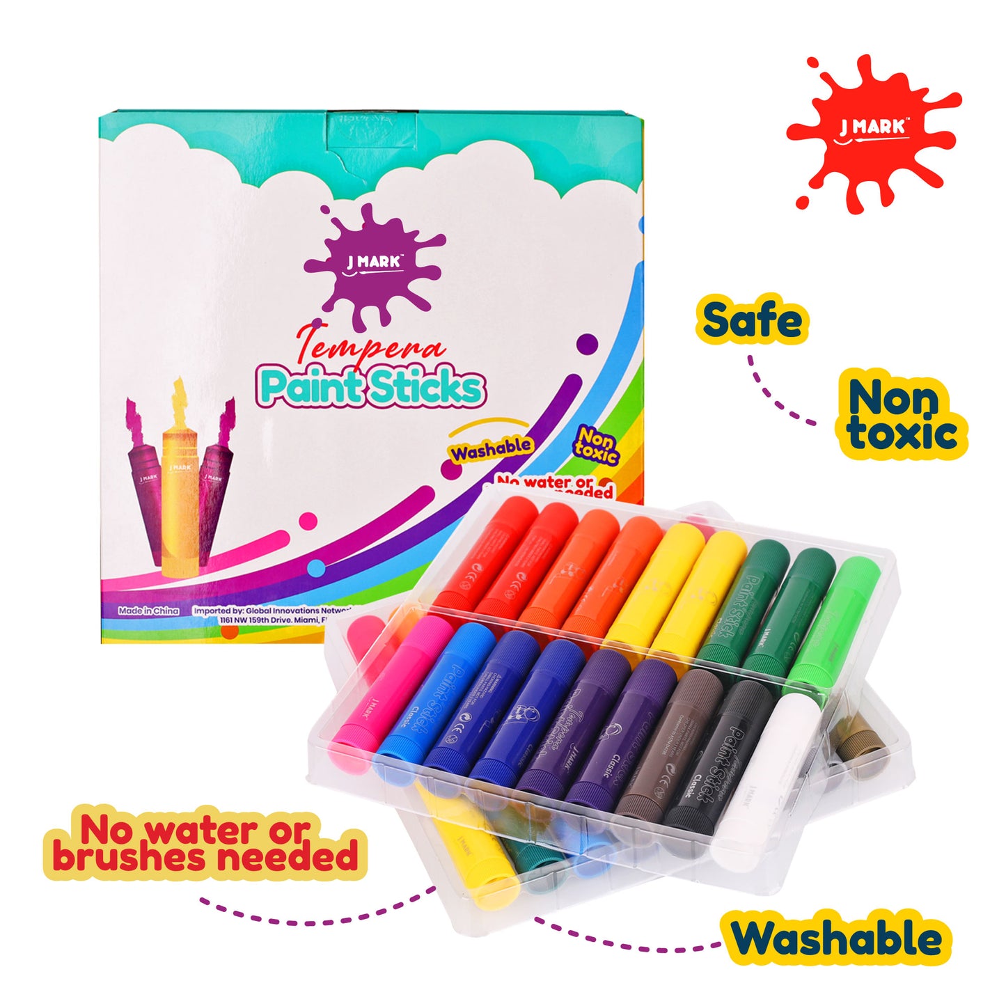 J MARK Solid Tempera Paint Sticks- Including Painting Book and Stencils, Set of Washable Paint Sticks Crayons for Kids - Solid Paint Markers - (36 Colors)