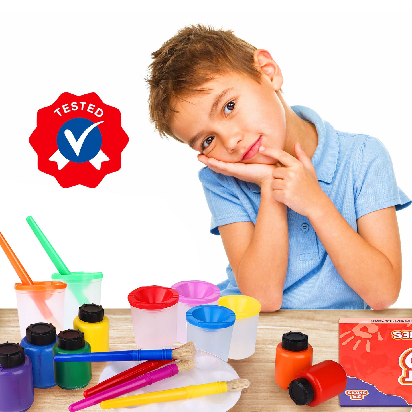 J MARK All Inclusive Toddler Painting Set - Spill Proof Paint Cups, Paint Pad, Brushes, Safe Tempera Toddler Washable Paint, Palette - Toddler Paint Set