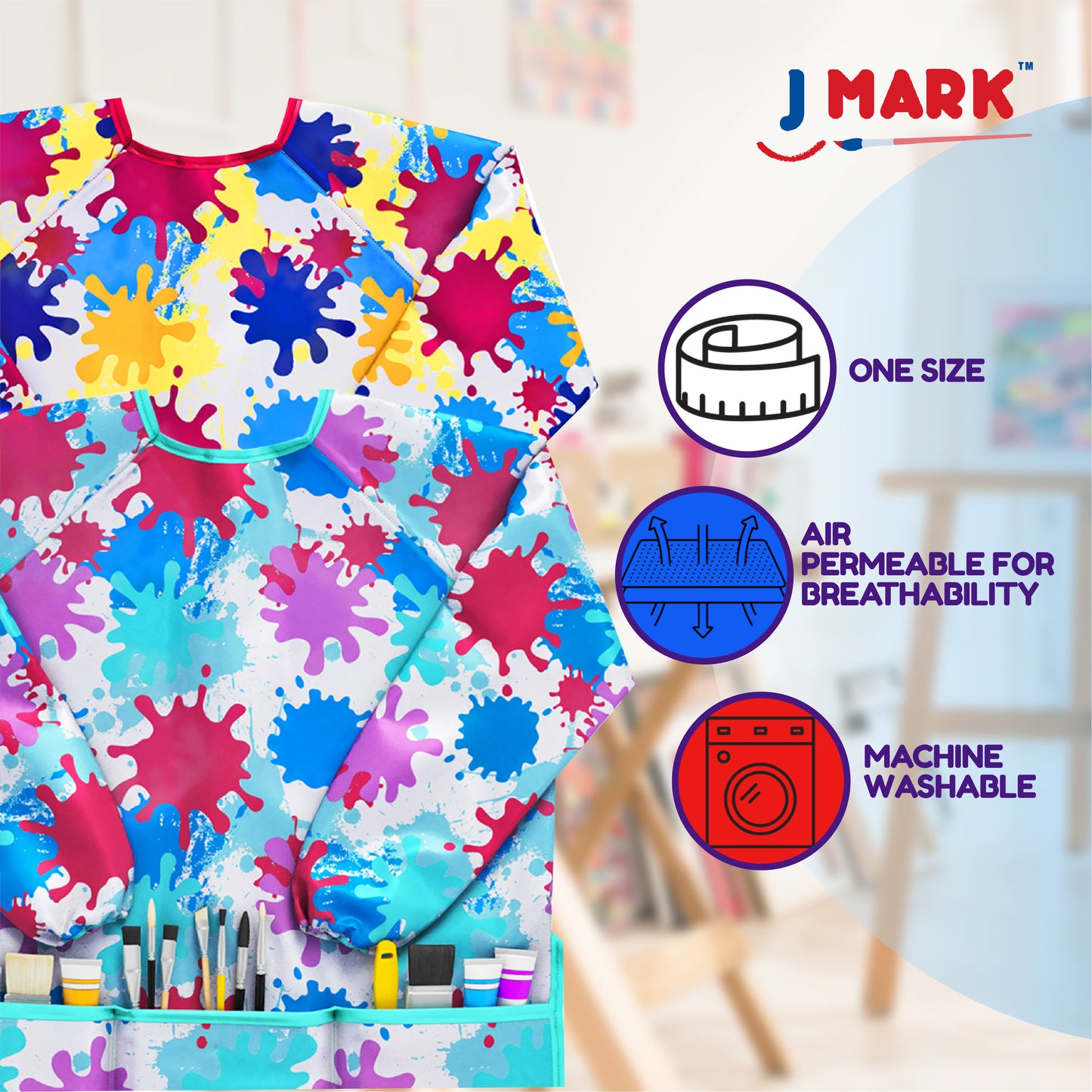 J MARK Waterproof Kids Art Smock Painting Apron 2 Pack Long Sleeve and 2 Pockets for Baking, Eating, Arts & Crafts