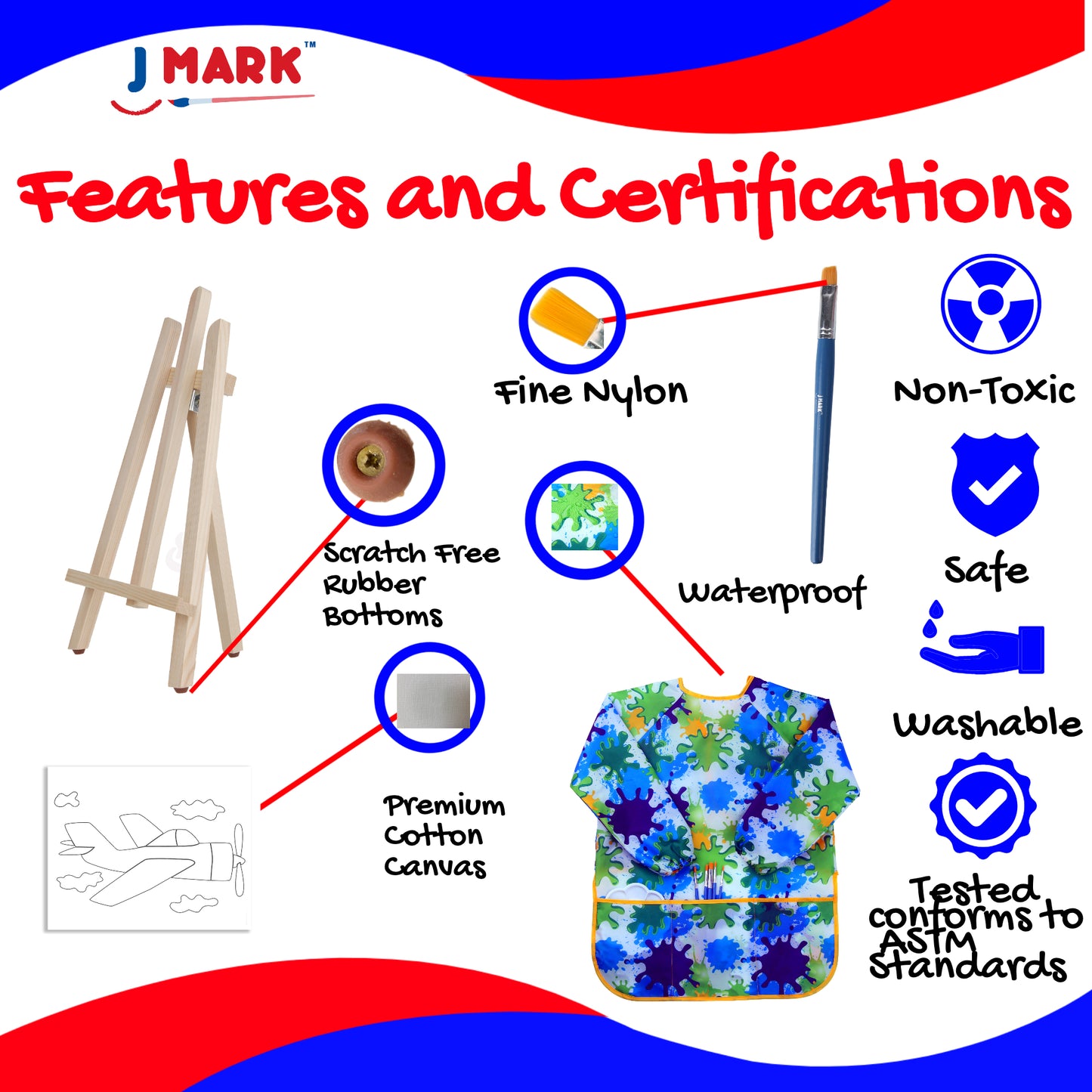 J MARK Kids Paint Set – Acrylic Kids Painting Kit – Storage Bag, Paints, Easel, Canvas, Brushes