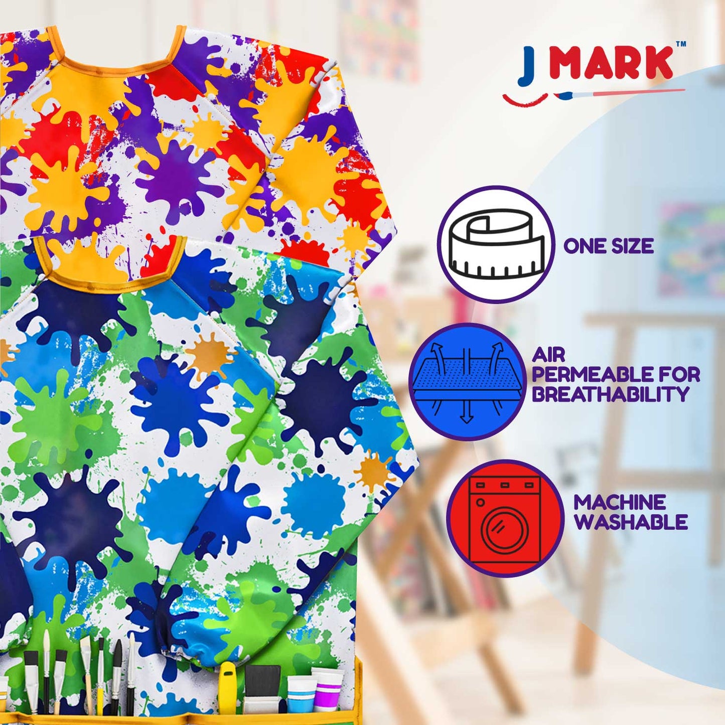 J MARK Waterproof Kids Art Smock Painting Apron 2 Pack Long Sleeve and 2 Pockets for Baking, Eating, Arts & Crafts
