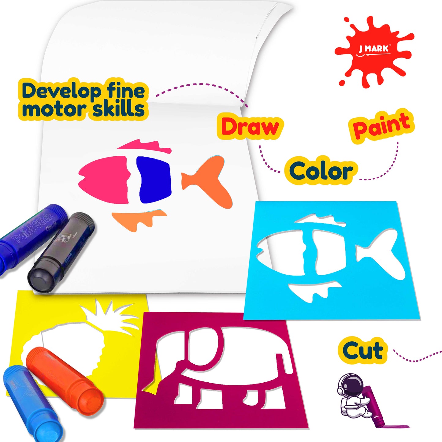 J MARK Solid Tempera Paint Sticks- Including Painting Book and Stencils, Set of Washable Paint Sticks Crayons for Kids - Solid Paint Markers - (36 Colors)