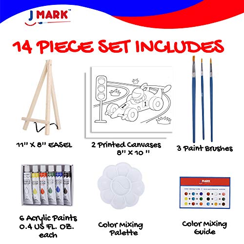 J MARK Kids Paint Set and Paint Easel – Acrylic Painting Kit, Safe Washable Paints, Wood Easel, 2 Pre-Stenciled Canvases 8 x 10 inches, Brushes, Palette, Color Mixing Chart Craft Supplies