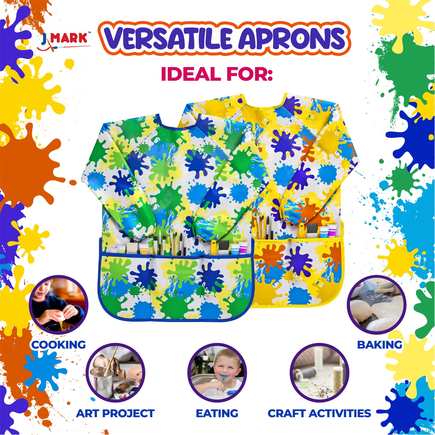 J MARK Waterproof Kids Art Smock Painting Apron 2 Pack Long Sleeve and 2 Pockets for Baking, Eating, Arts & Crafts