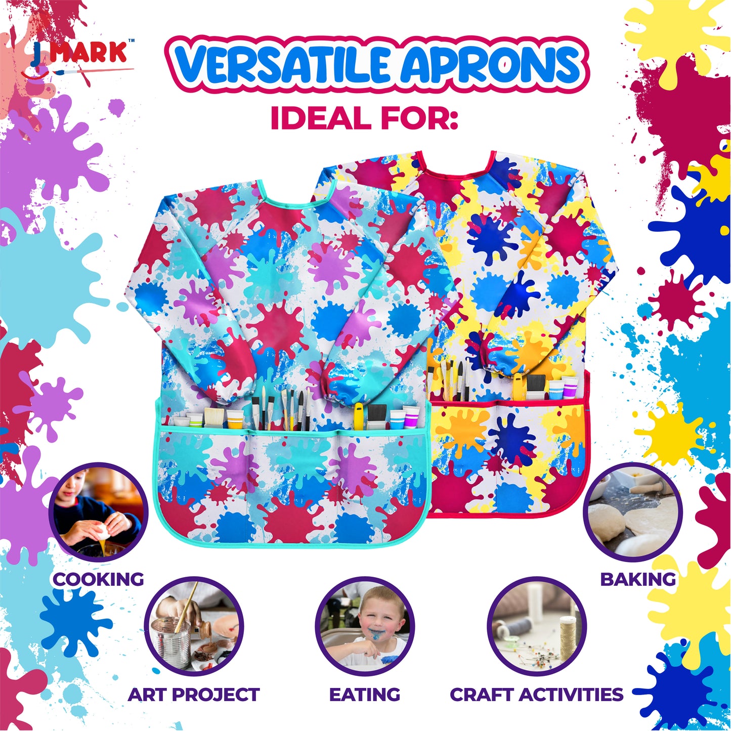 J MARK Waterproof Kids Art Smock Painting Apron 2 Pack Long Sleeve and 2 Pockets for Baking, Eating, Arts & Crafts