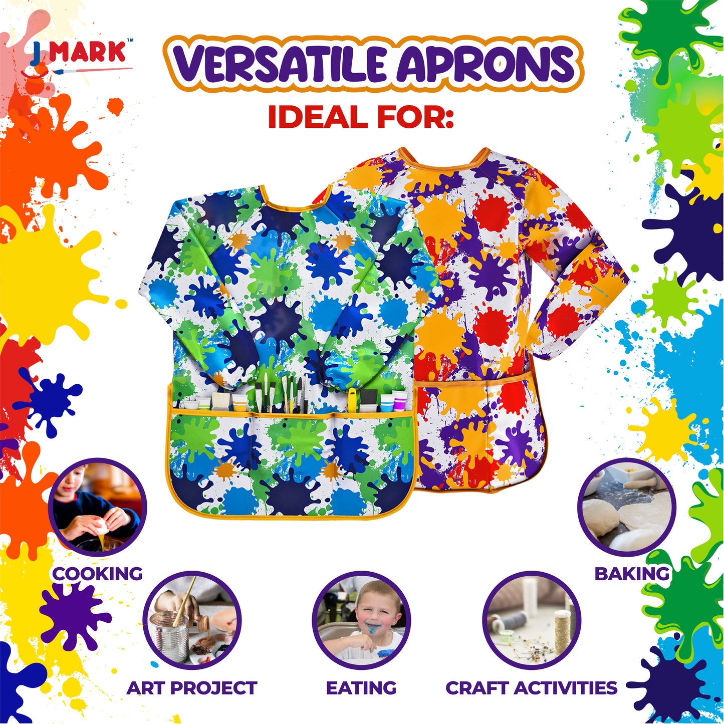 J MARK Waterproof Kids Art Smock Painting Apron 2 Pack Long Sleeve and 2 Pockets for Baking, Eating, Arts & Crafts
