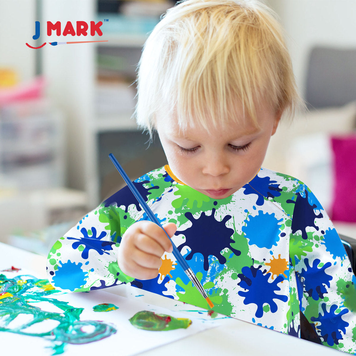 J MARK Waterproof Kids Art Smock Painting Apron 2 Pack Long Sleeve and 2 Pockets for Baking, Eating, Arts & Crafts