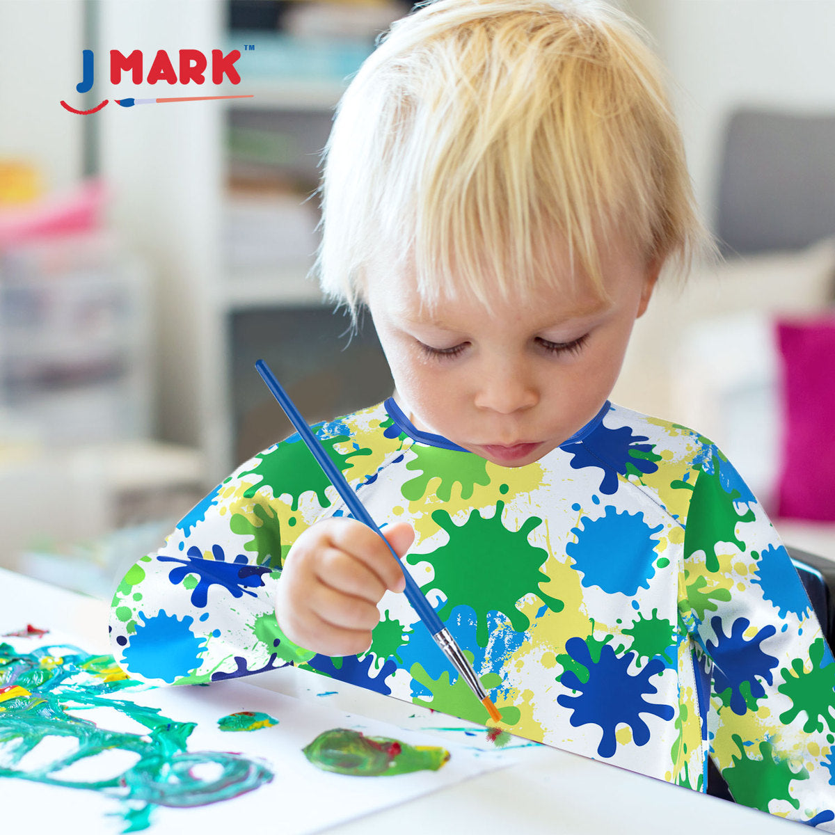 J MARK Waterproof Kids Art Smock Painting Apron 2 Pack Long Sleeve and 2 Pockets for Baking, Eating, Arts & Crafts
