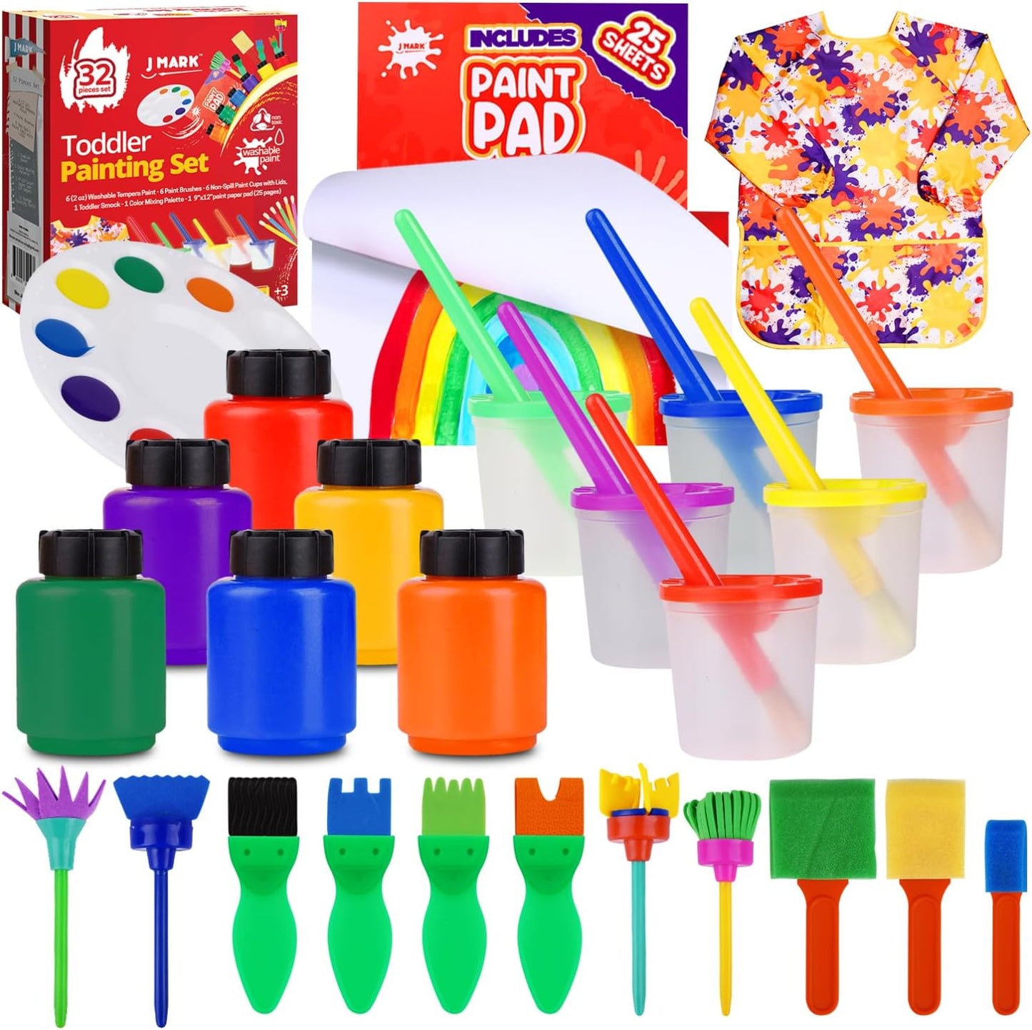 J MARK All Inclusive Toddler Painting Set - Spill Proof Paint Cups, Paint Pad, Brushes, Safe Tempera Toddler Washable Paint, Palette - Toddler Paint Set