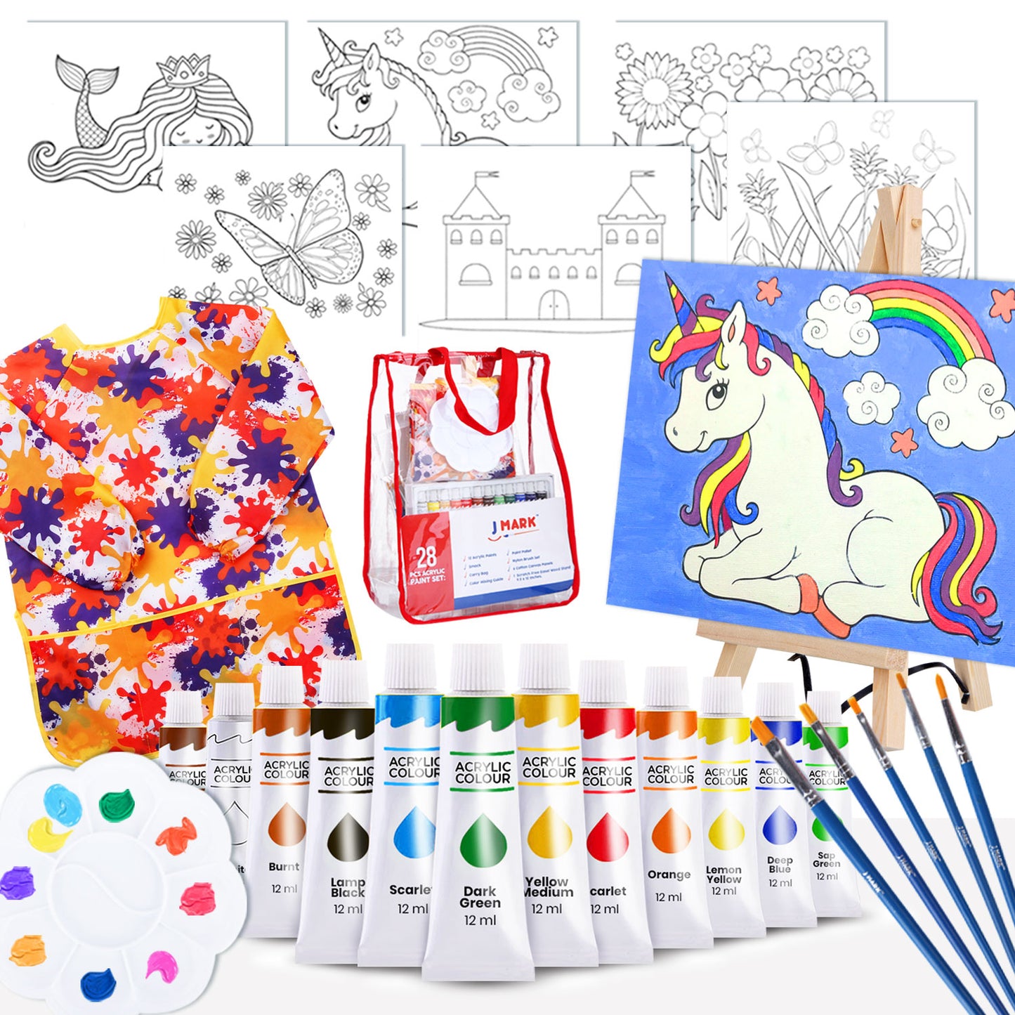 J MARK Pain Set for Kids – Acrylic Kids Painting Kit with Storage Bag, Washable Paints, Easel, Canvases, Brushes and More, Complete Kids Painting Set