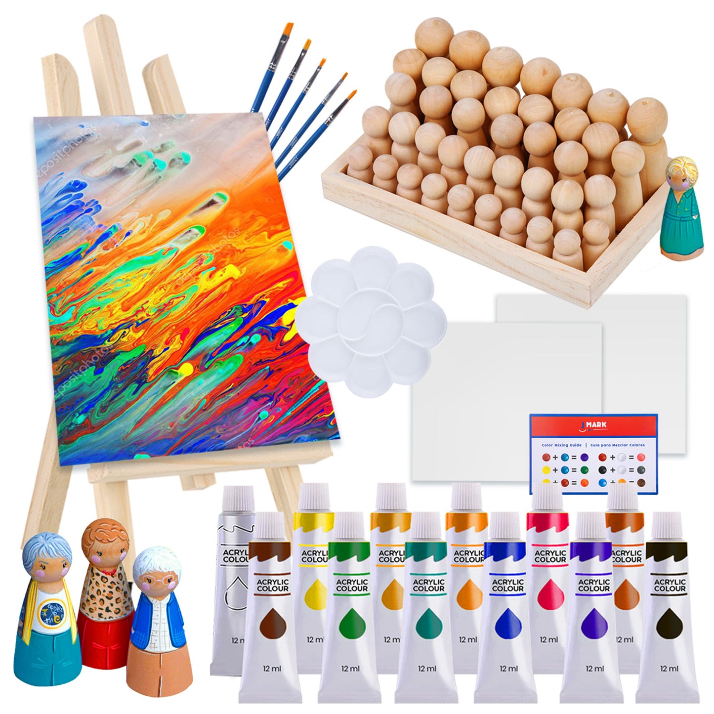 J MARK 63-Piece Acrylic Painting Kit – Included Canvases, Peg, Washable Paints and More