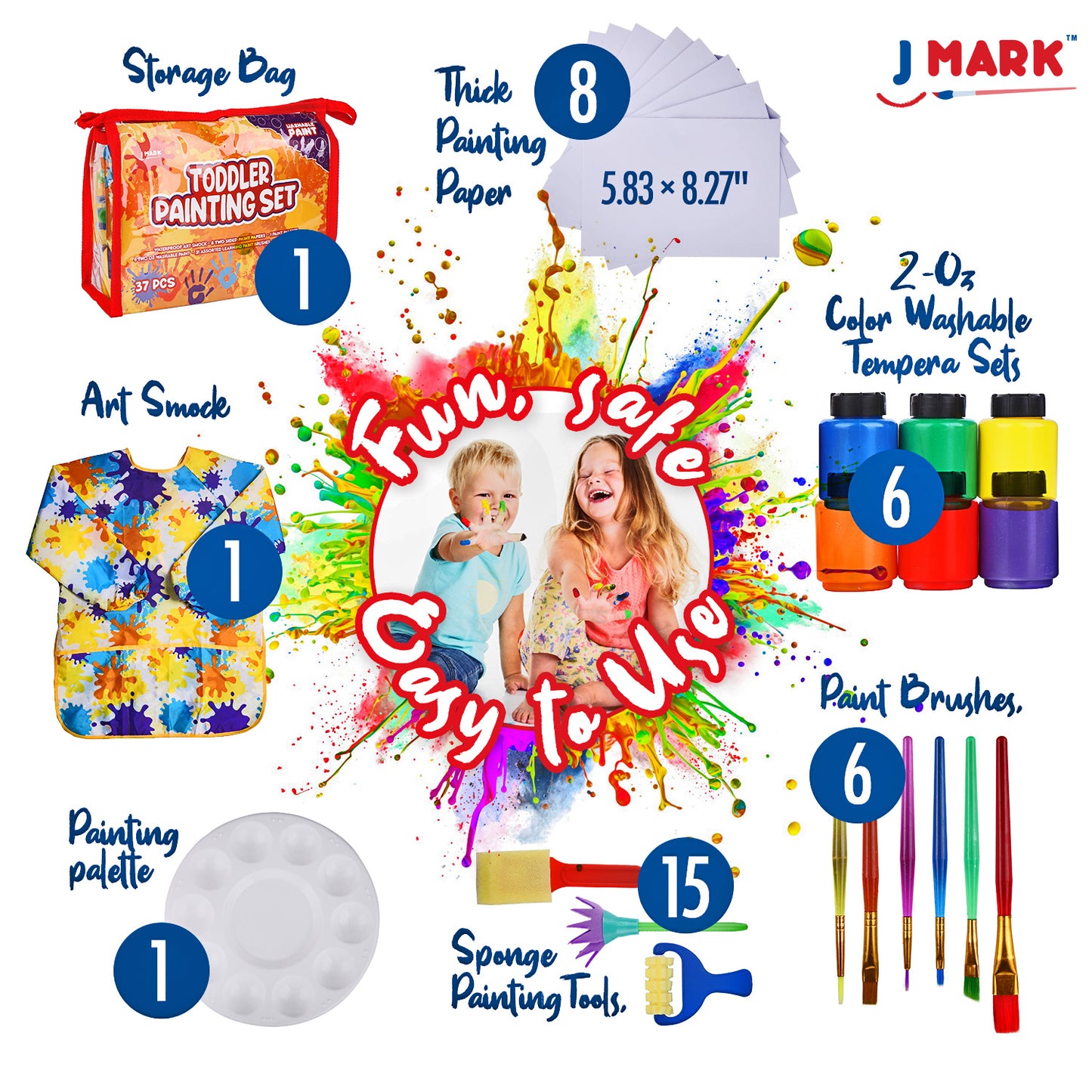 J MARK Complete Toddler Painting Set – Includes Washable Toddler Paint, Art Smock, Toddler Painting Paper, Brushes, Brushes, Toddler Art Set Painting Tools and More