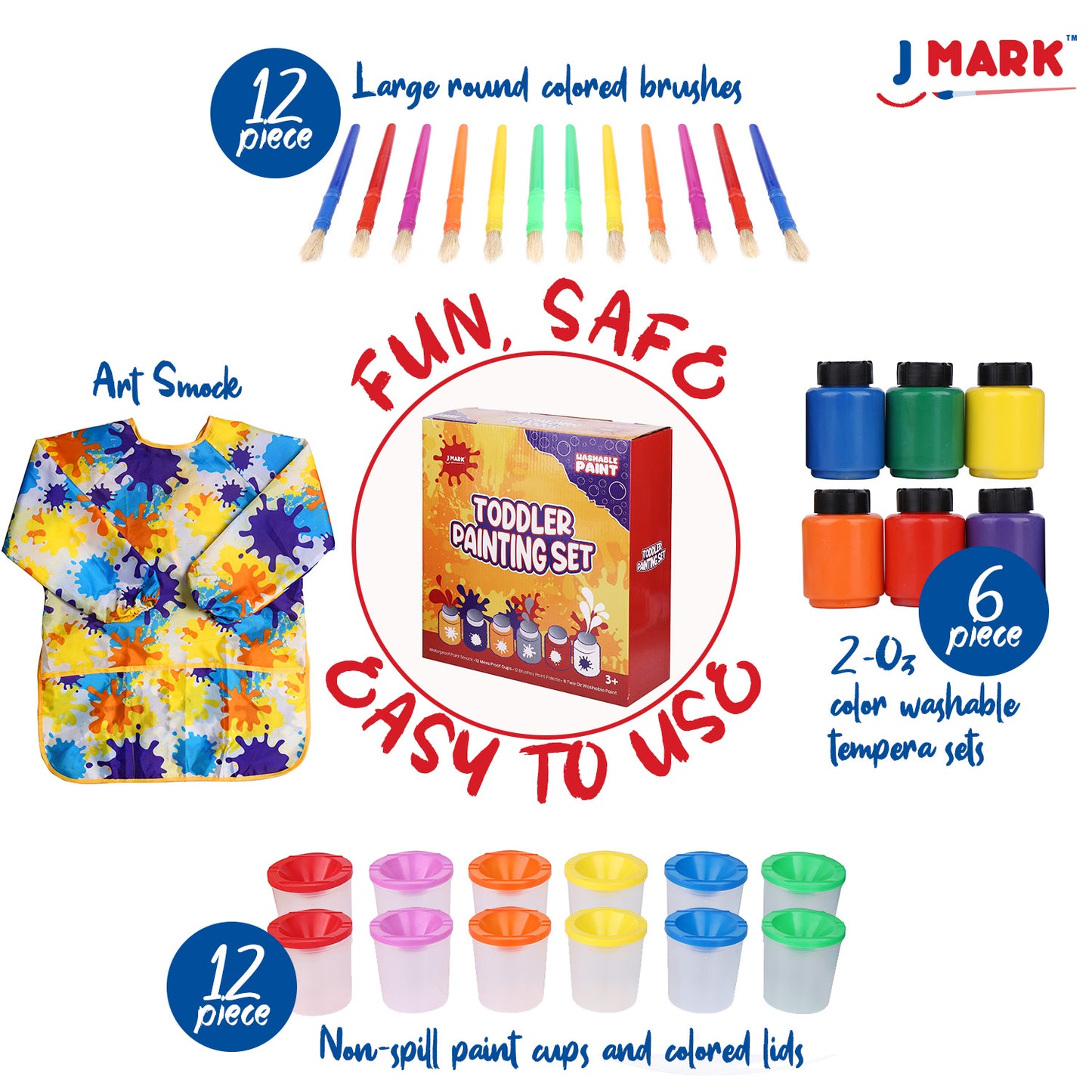 J MARK 32 Piece Toddler Painting Set – Spill Proof Paint Cups for Kids, Washable Kids Paint, Kids and Toddler Paint Set with Art Smock and More