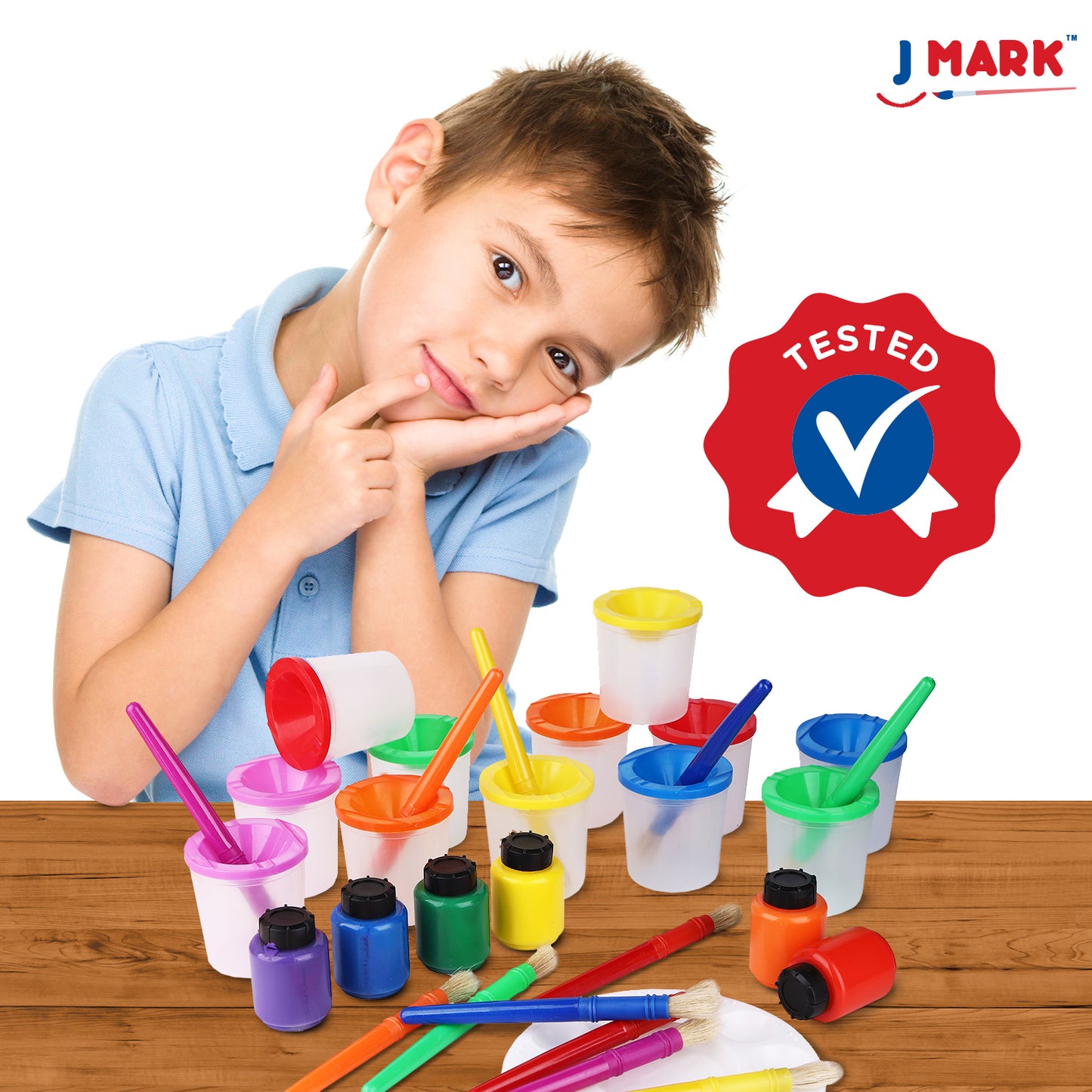 J MARK 32 Piece Toddler Painting Set – Spill Proof Paint Cups for Kids, Washable Kids Paint, Kids and Toddler Paint Set with Art Smock and More