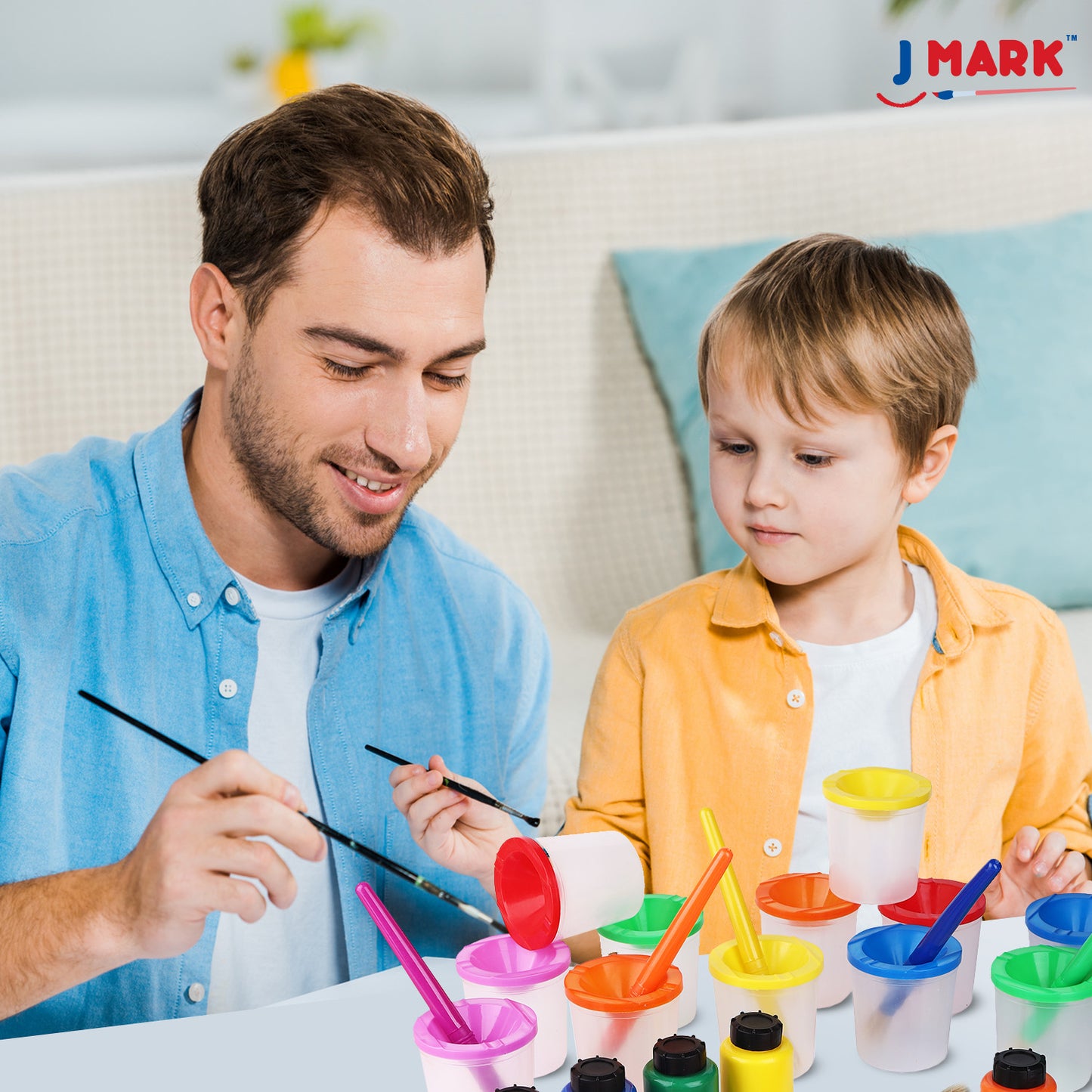 J MARK 32 Piece Toddler Painting Set – Spill Proof Paint Cups for Kids, Washable Kids Paint, Kids and Toddler Paint Set with Art Smock and More