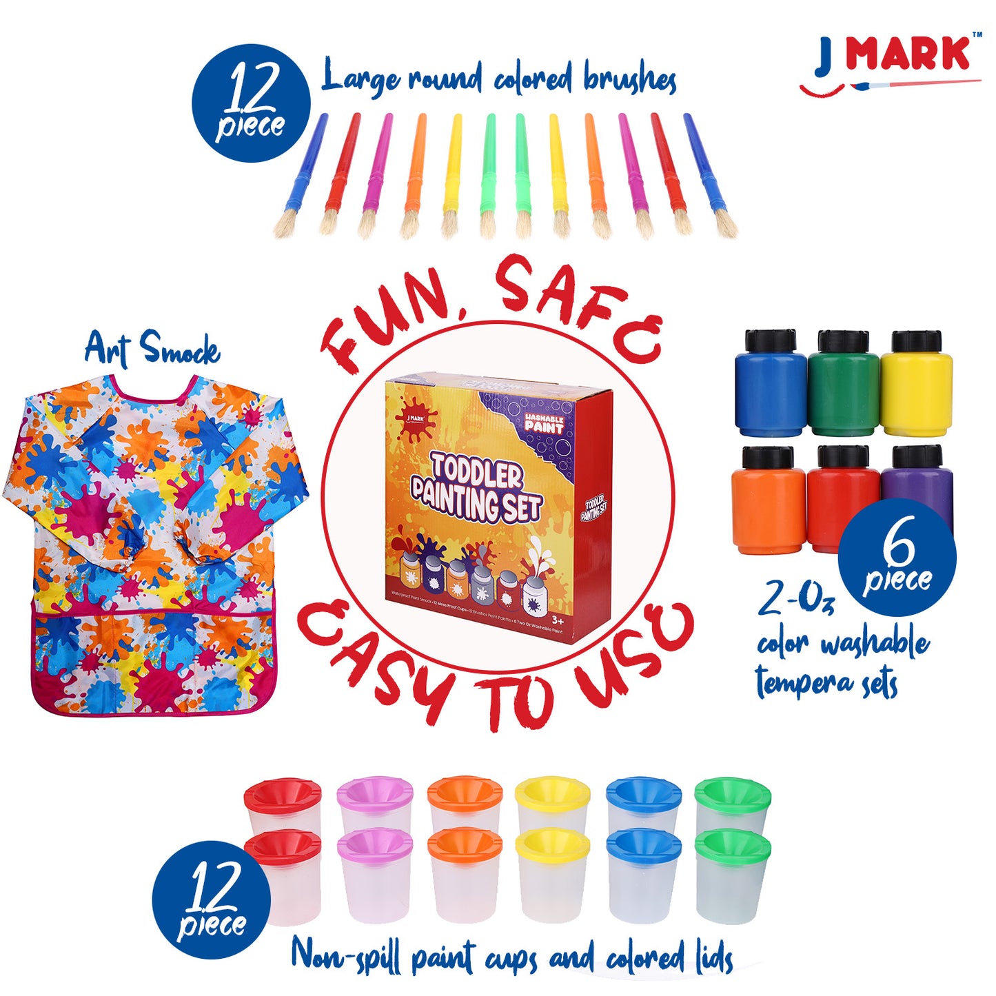 J MARK Toddler Painting Set – 32 Piece Complete Toddler Paint Set, Spill Proof Paint Cups for Kids, Washable Paint for Toddlers, Smock, Brushes and More