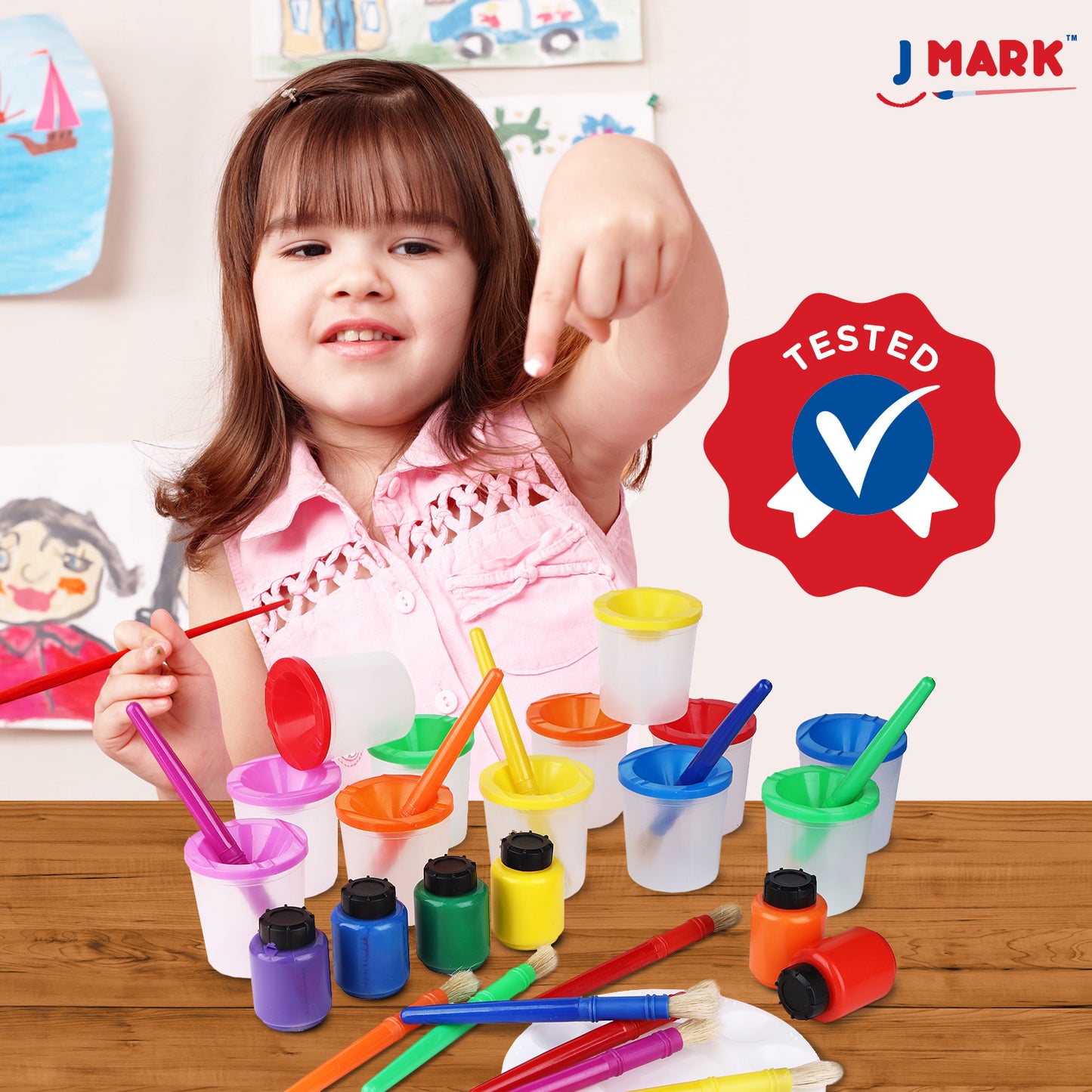 J MARK Toddler Painting Set – 32 Piece Complete Toddler Paint Set, Spill Proof Paint Cups for Kids, Washable Paint for Toddlers, Smock, Brushes and More