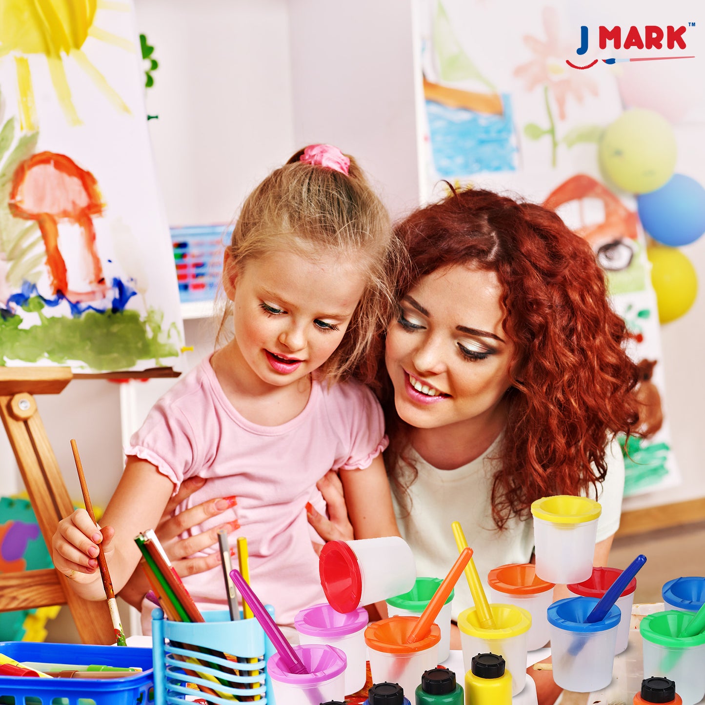 J MARK Toddler Painting Set – 32 Piece Complete Toddler Paint Set, Spill Proof Paint Cups for Kids, Washable Paint for Toddlers, Smock, Brushes and More