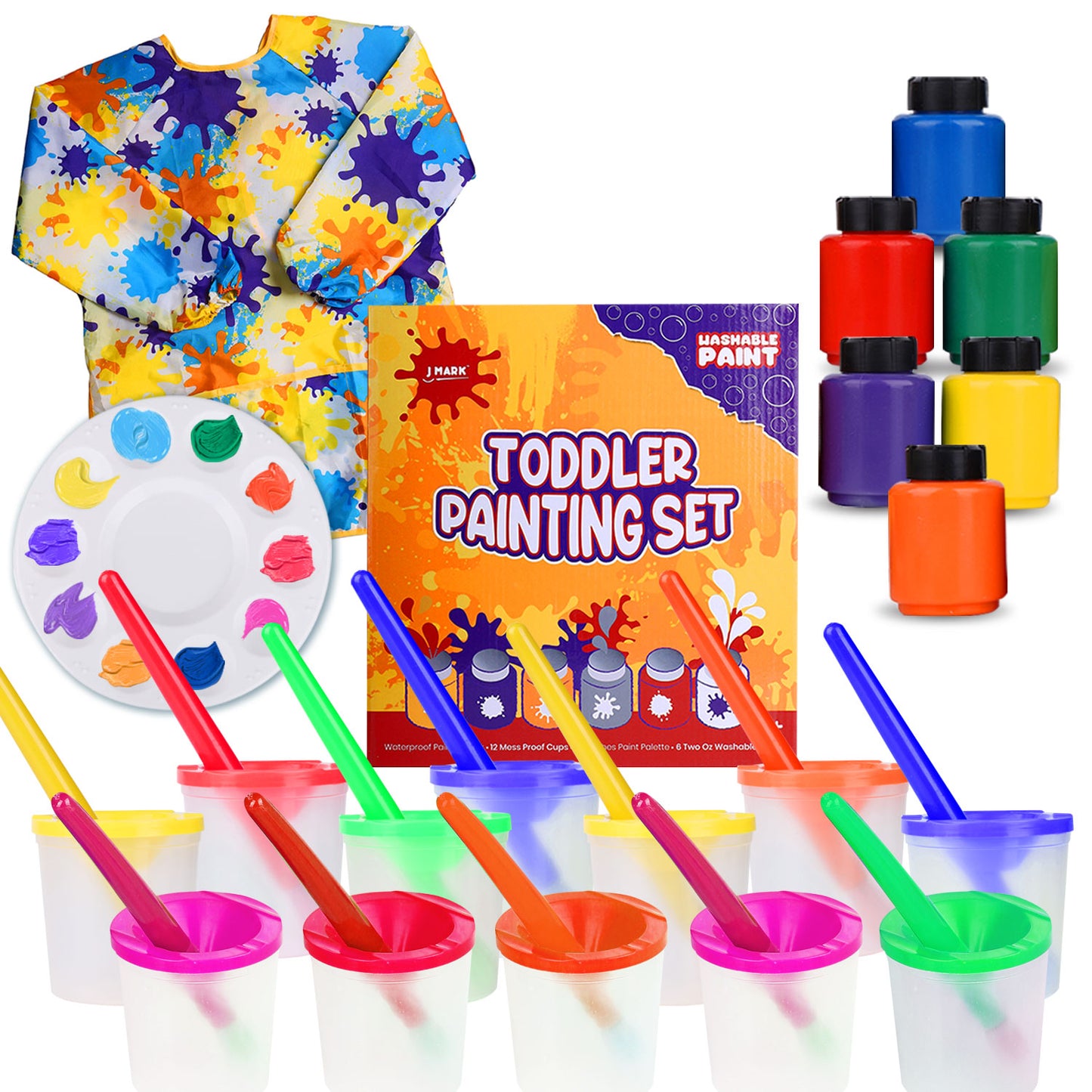 J MARK 32 Piece Toddler Painting Set – Spill Proof Paint Cups for Kids, Washable Kids Paint, Kids and Toddler Paint Set with Art Smock and More