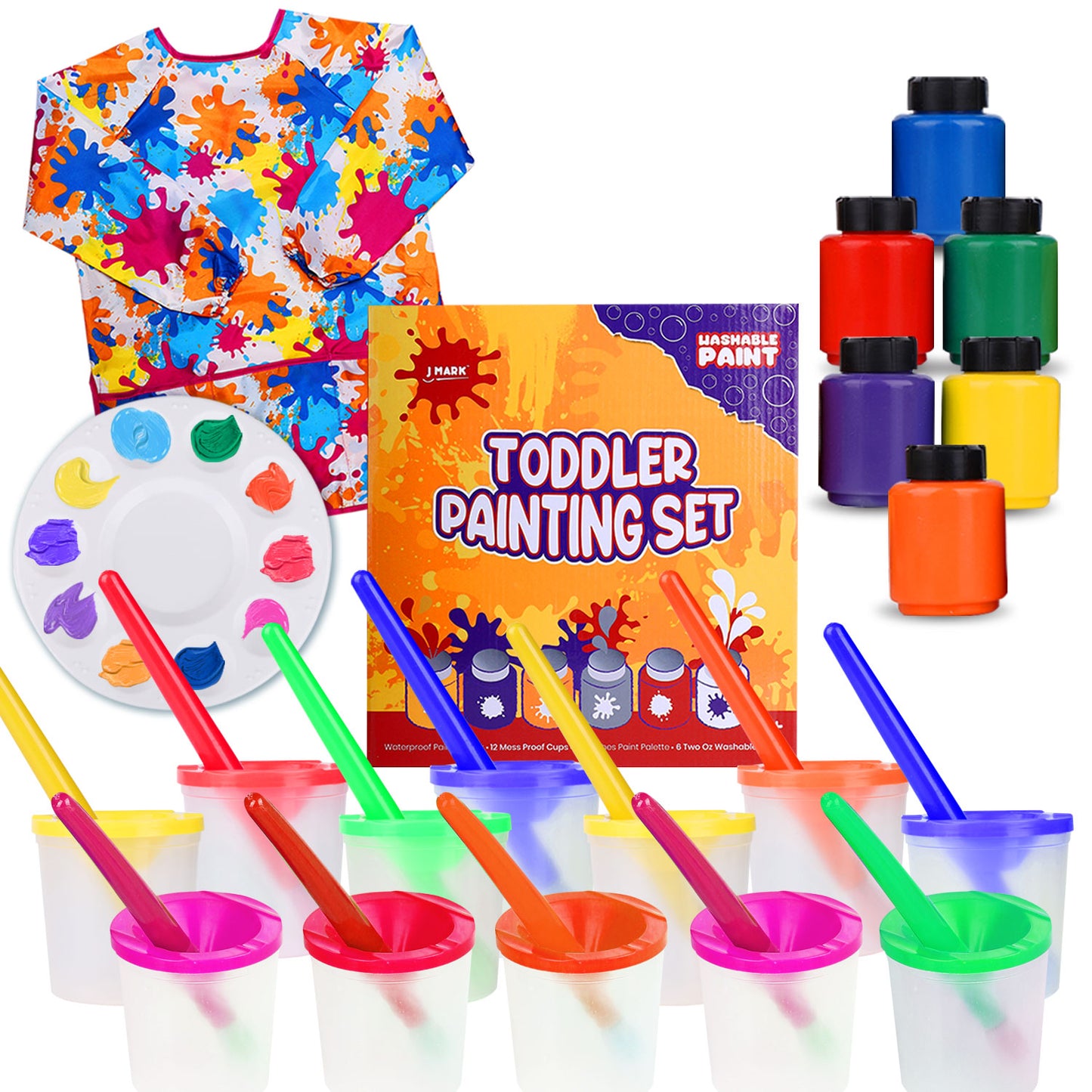 J MARK Toddler Painting Set – 32 Piece Complete Toddler Paint Set, Spill Proof Paint Cups for Kids, Washable Paint for Toddlers, Smock, Brushes and More