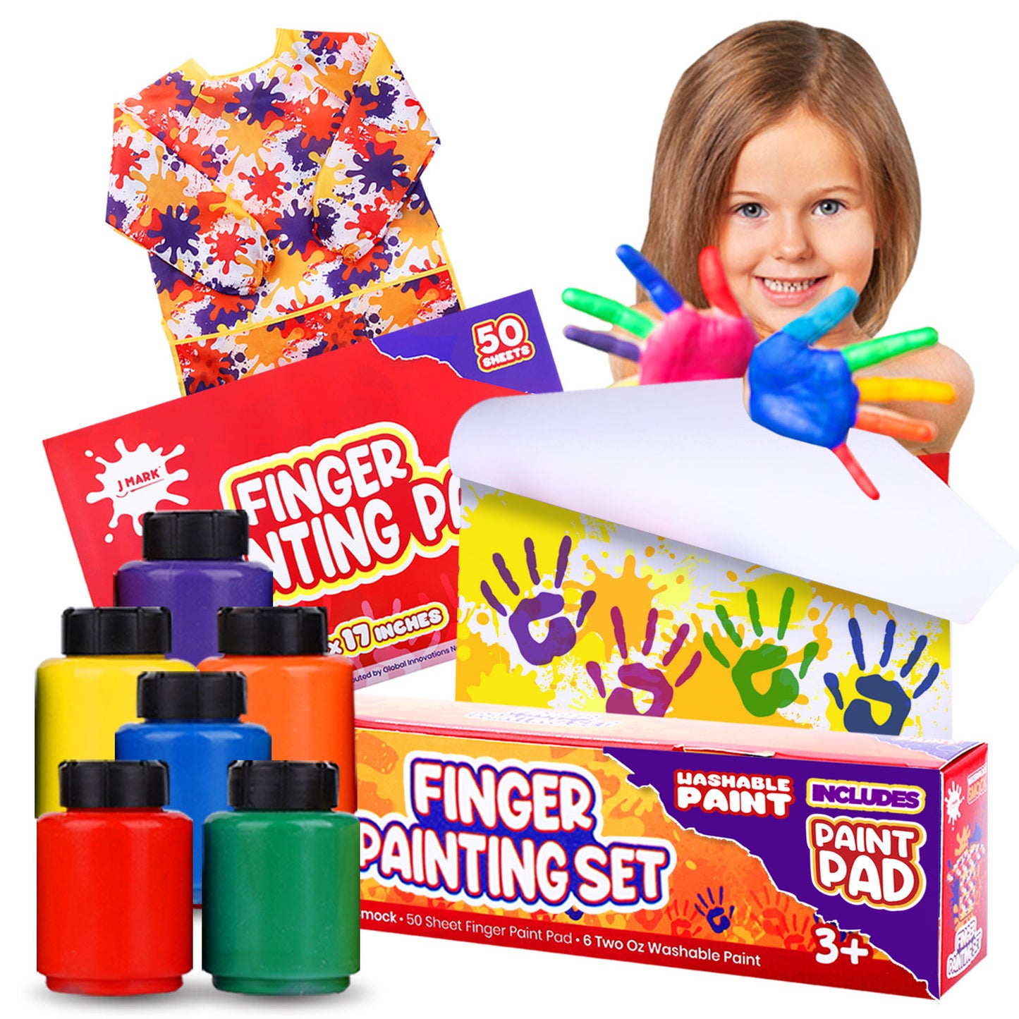 J MARK Complete Toddler Washable Finger Paint Set, Large Finger Paint Pad, Tempera Finger Paints, Smock and More