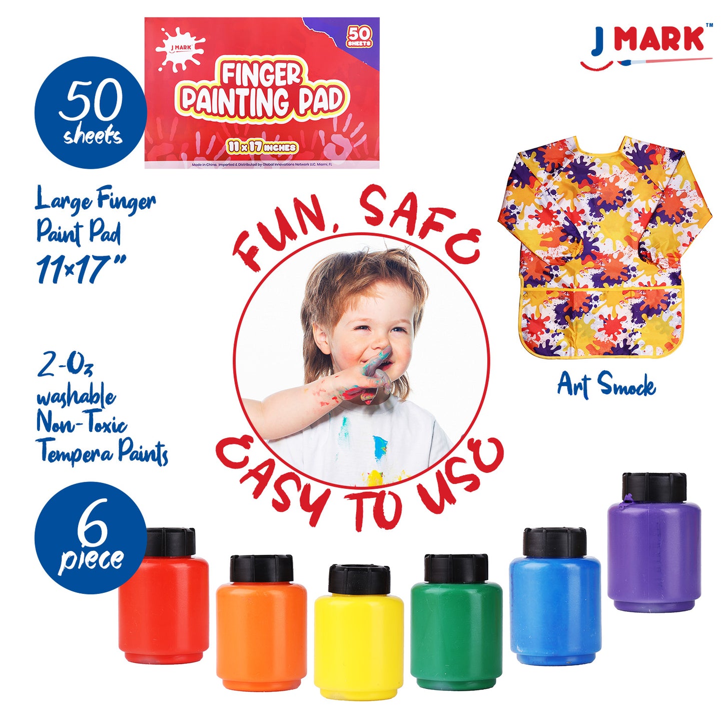 J MARK Complete Toddler Washable Finger Paint Set, Large Finger Paint Pad, Tempera Finger Paints, Smock and More