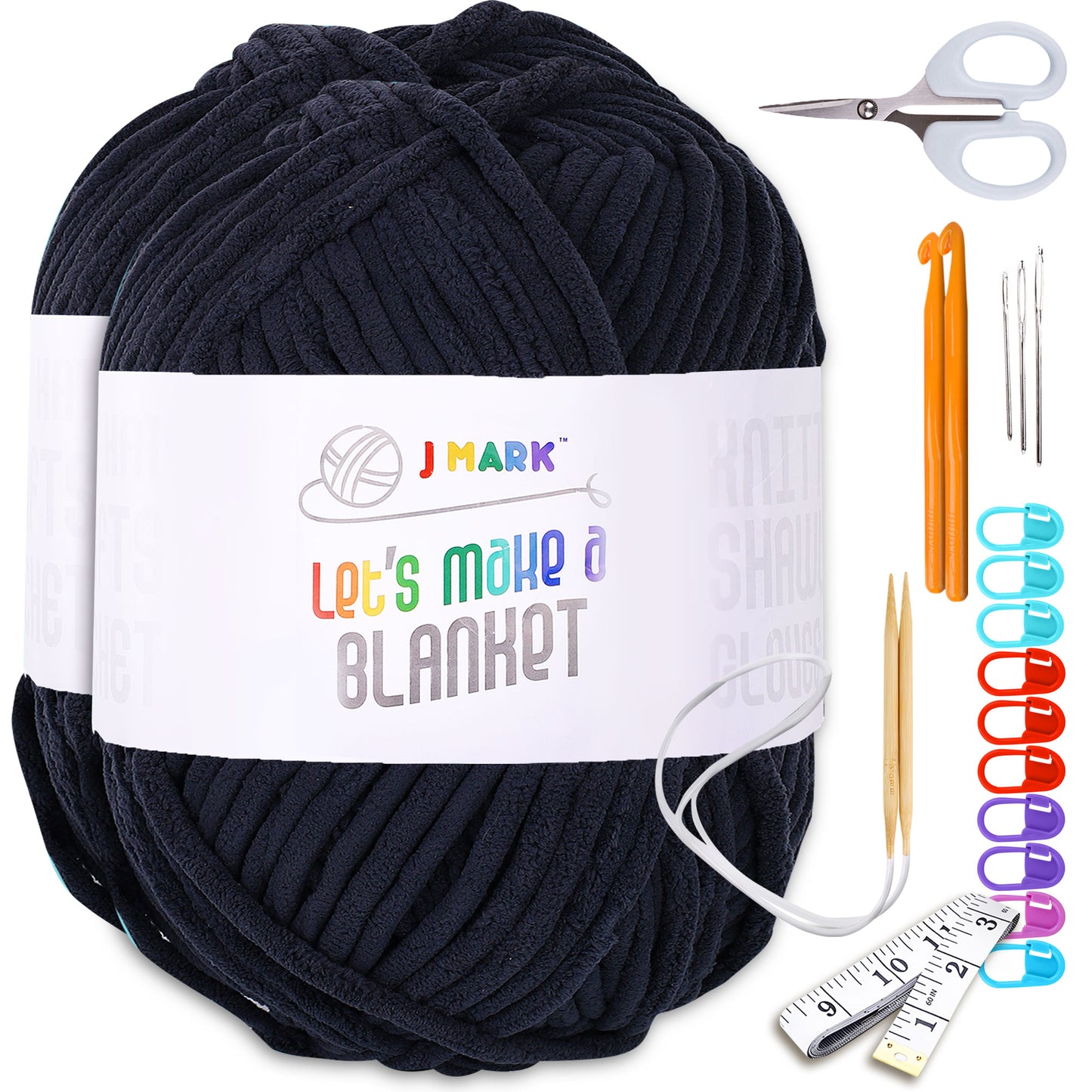 J MARK Chunky Blanket Yarn for Knitting 437 yd. 28 oz. (800 g) & Crocheting, Thick Yarn Balls, Circular Knitting Needle, Crochet Hooks, Measuring Tape, Scissors, Pins, Blunt Metal Needles, Manual