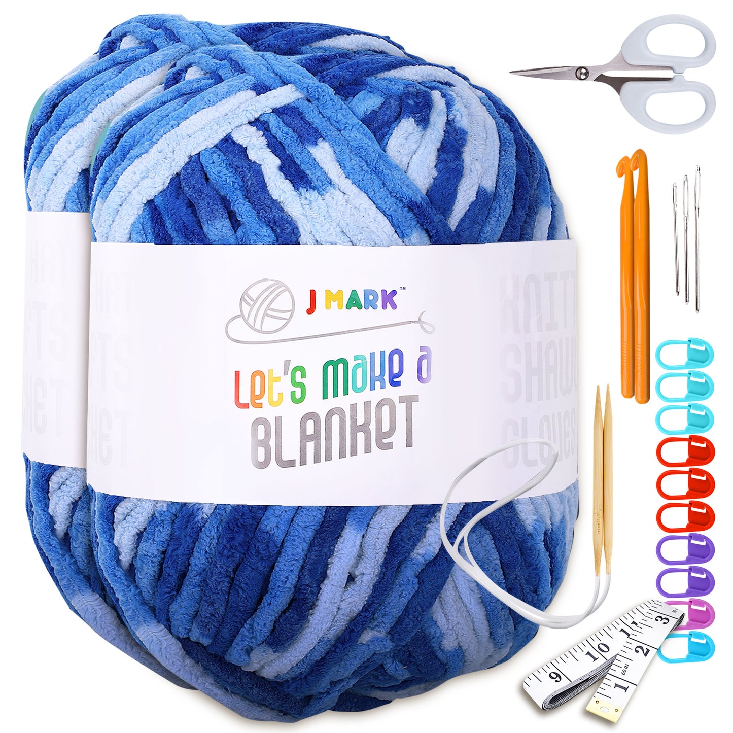 J MARK Chunky Blanket Yarn for Knitting 437 yd. 28 oz. (800 g) & Crocheting, Thick Yarn Balls, Circular Knitting Needle, Crochet Hooks, Measuring Tape, Scissors, Pins, Blunt Metal Needles, Manual