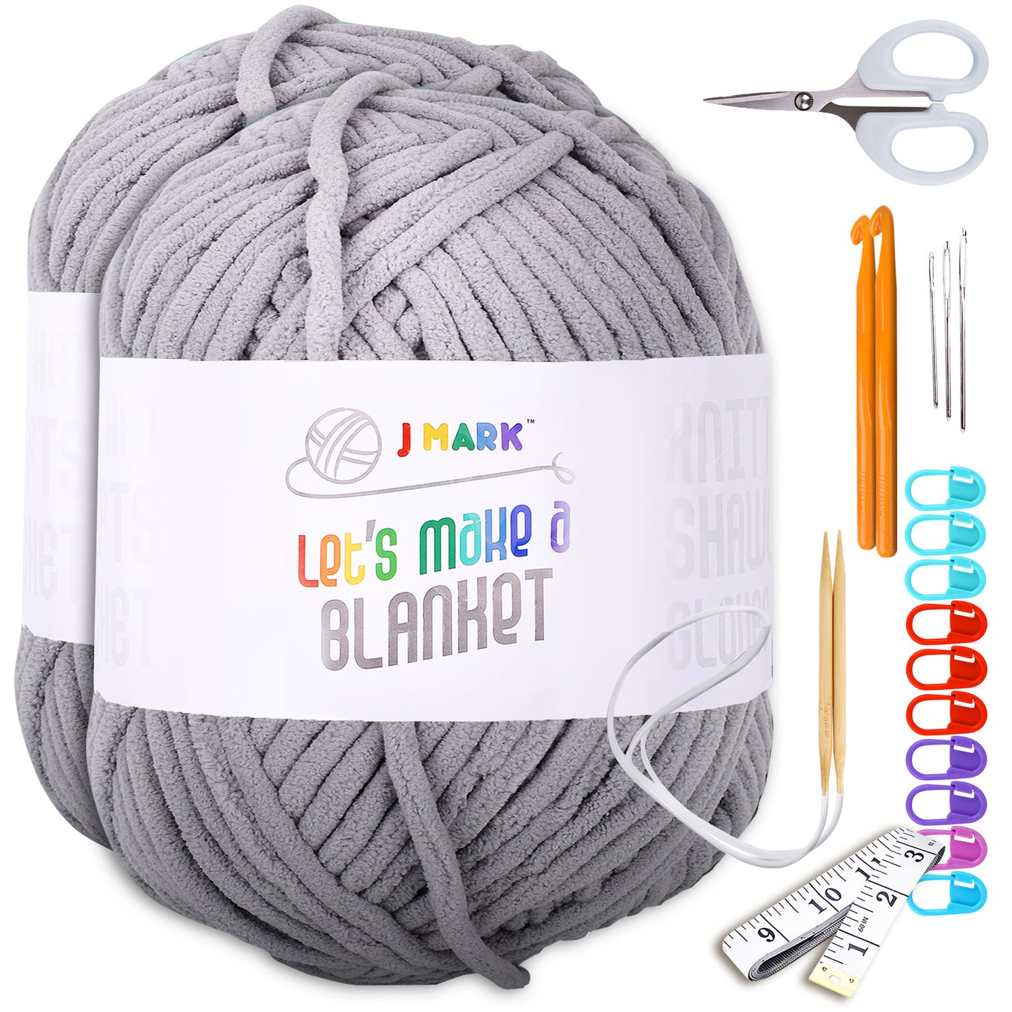 J MARK Chunky Blanket Yarn for Knitting 437 yd. 28 oz. (800 g) & Crocheting, Thick Yarn Balls, Circular Knitting Needle, Crochet Hooks, Measuring Tape, Scissors, Pins, Blunt Metal Needles, Manual