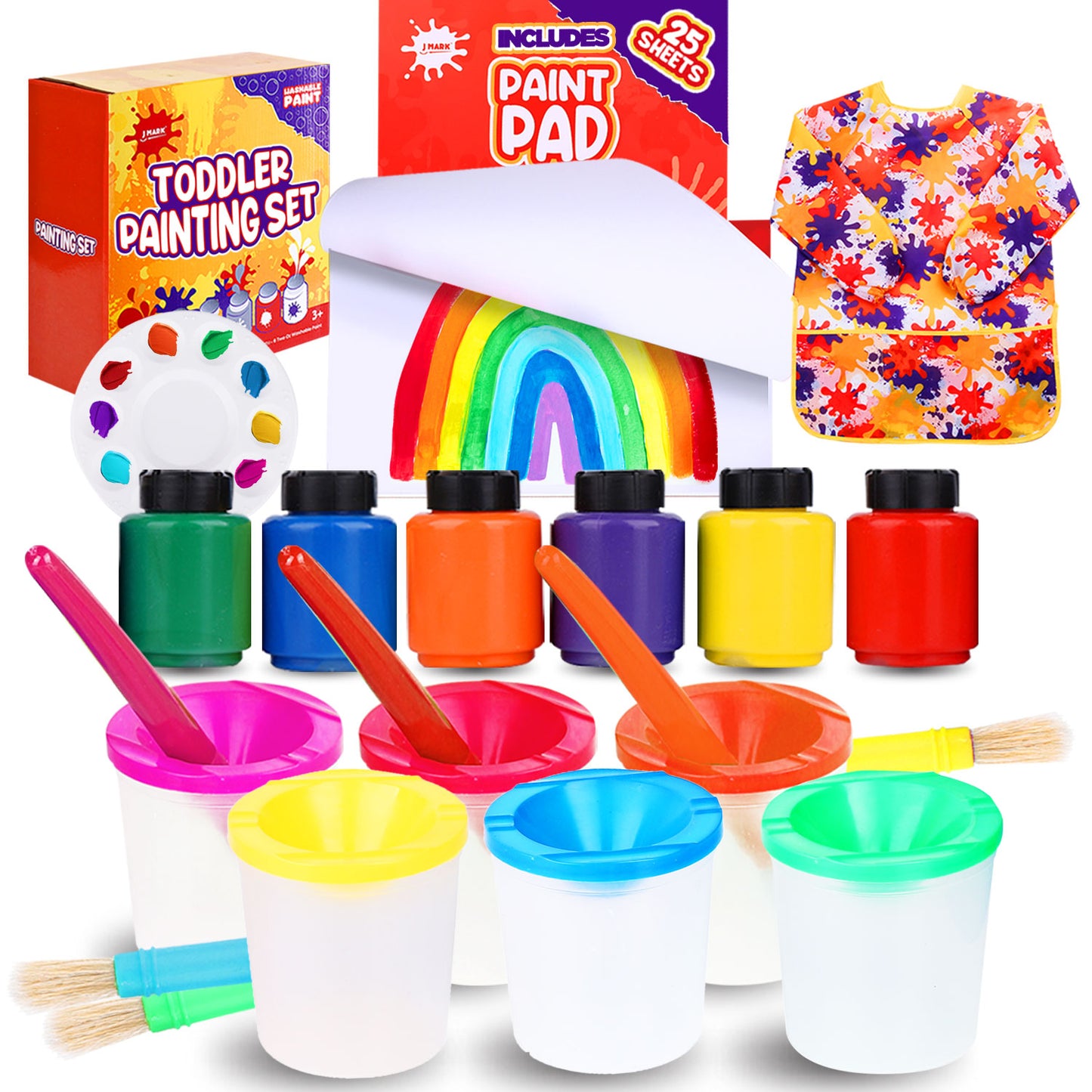 J MARK All Inclusive Toddler Painting Set - Spill Proof Paint Cups, Paint Pad, Brushes, Safe Tempera Toddler Washable Paint, Palette - Toddler Paint Set