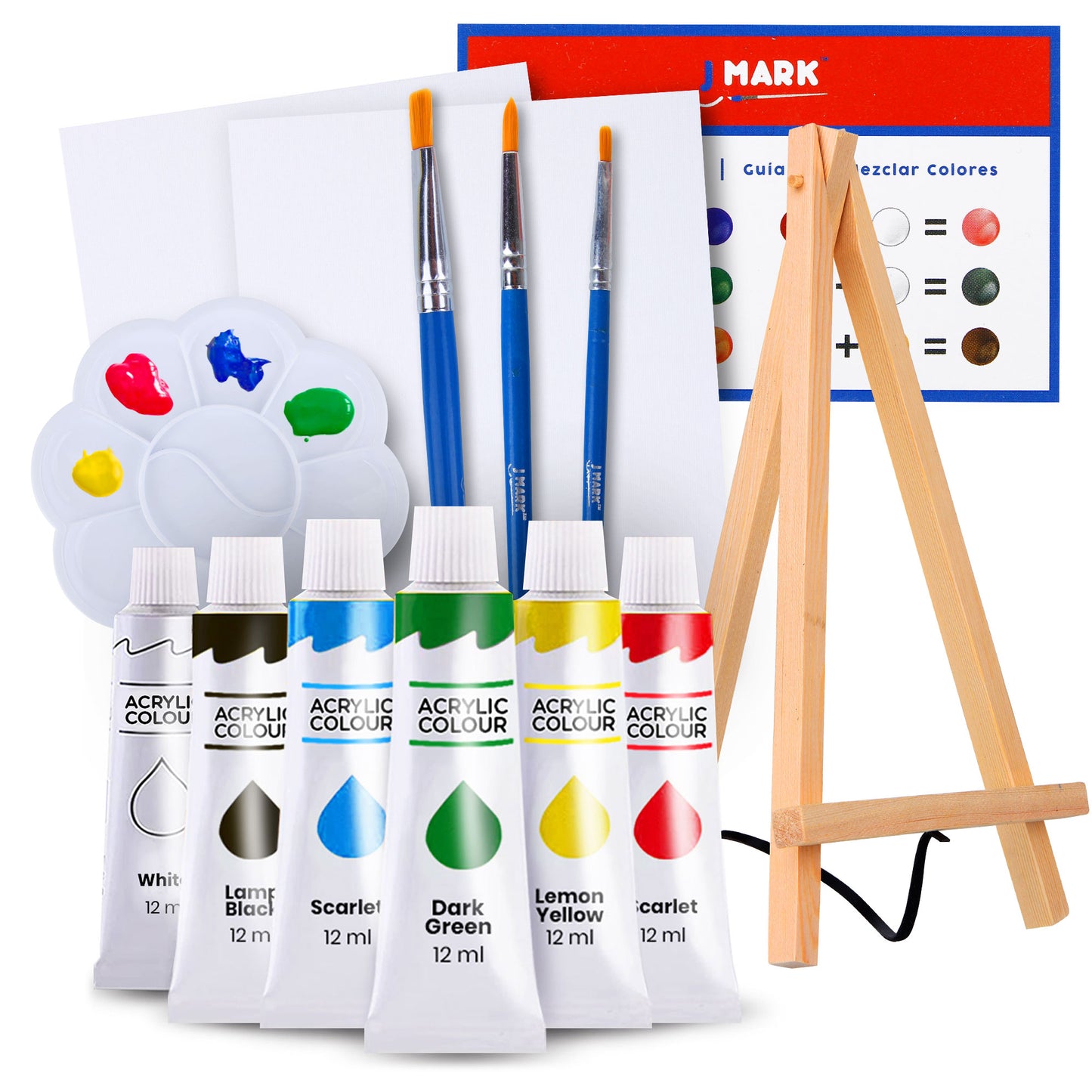 J MARK Paint Set – Mini Canvas Acrylic Painting Kit with Wood Easel, Canvases, Paint, Brushes & More