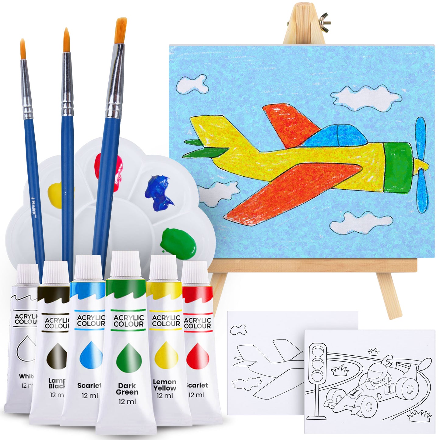J MARK Kids Paint Set and Paint Easel – Acrylic Painting Kit, Safe Washable Paints, Wood Easel, 2 Pre-Stenciled Canvases 8 x 10 inches, Brushes, Palette, Color Mixing Chart Craft Supplies