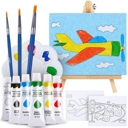 J MARK Kids Paint Set and Paint Easel – Acrylic Painting Kit, Safe Washable Paints, Wood Easel, 2 Pre-Stenciled Canvases 8 x 10 inches, Brushes, Palette, Color Mixing Chart Craft Supplies